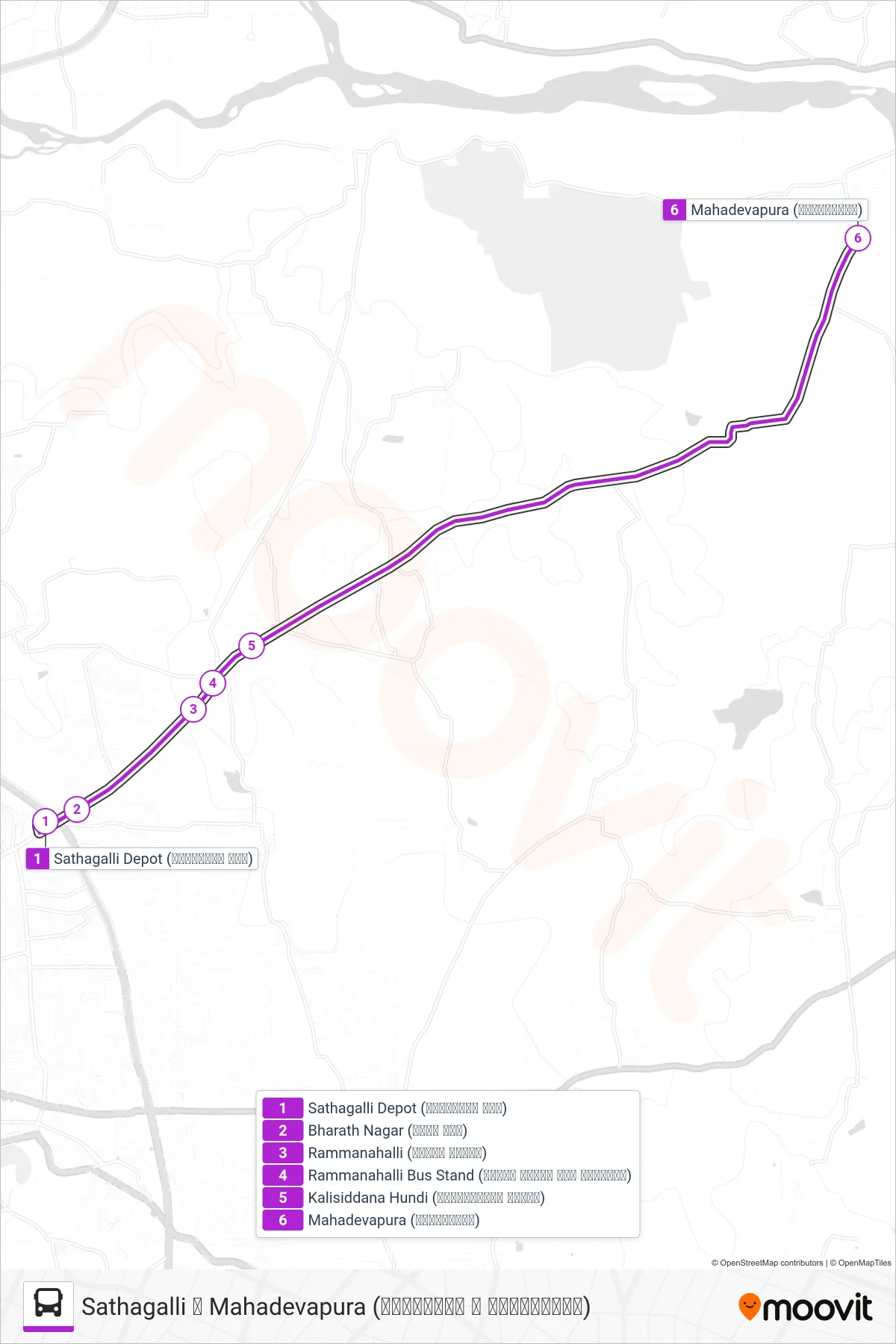 308M bus Line (➥ Mahadevapura (ಮಹಾದೇವಪುರ)) route and stops on a map