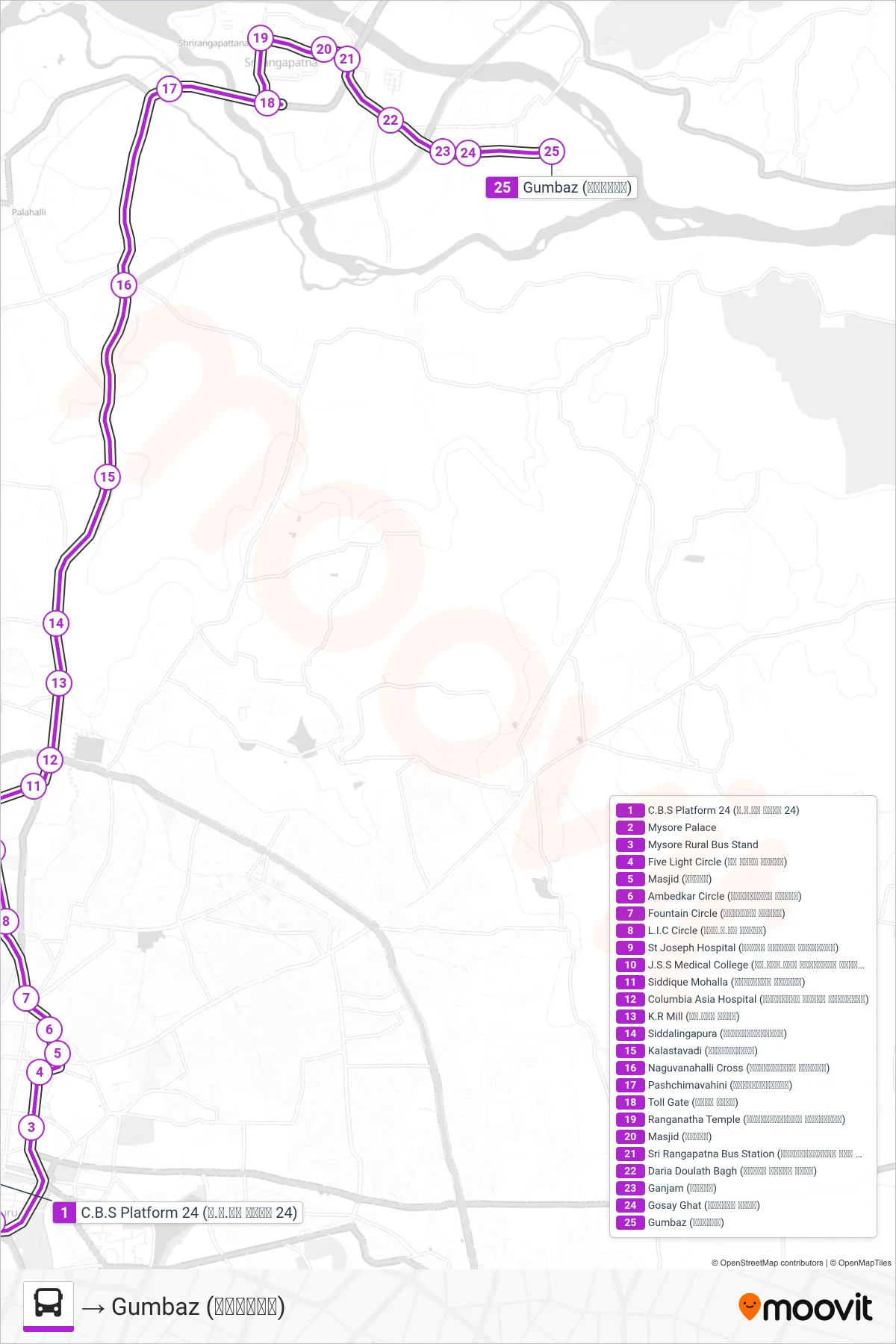 313A bus Line (→ Gumbaz (ಗುಂಬಜ್)) route and stops on a map