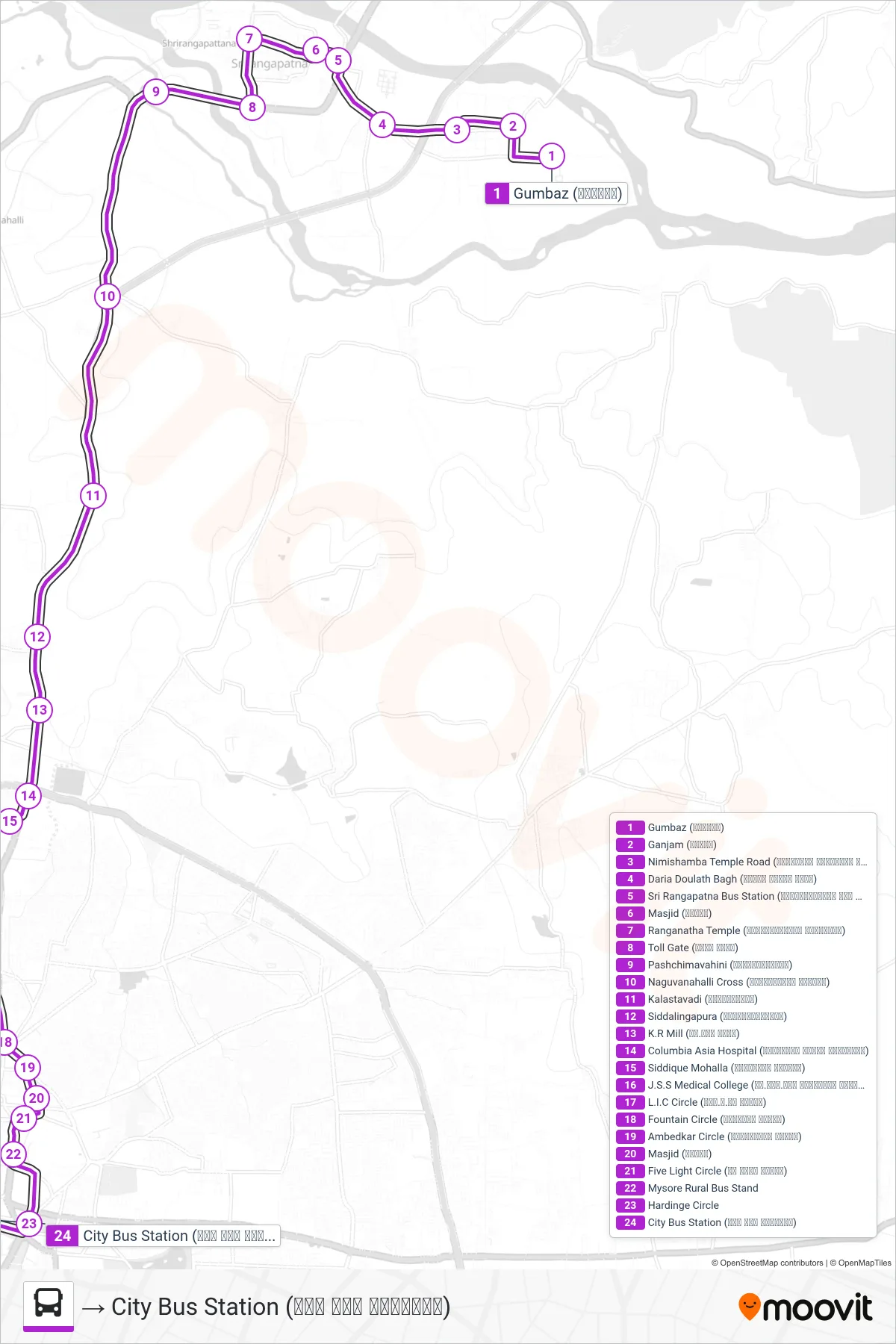 313A bus Line (→ City Bus Station (ನಗರ ಬಸ್ ನಿಲ್ದಾಣ)) route and stops on a map