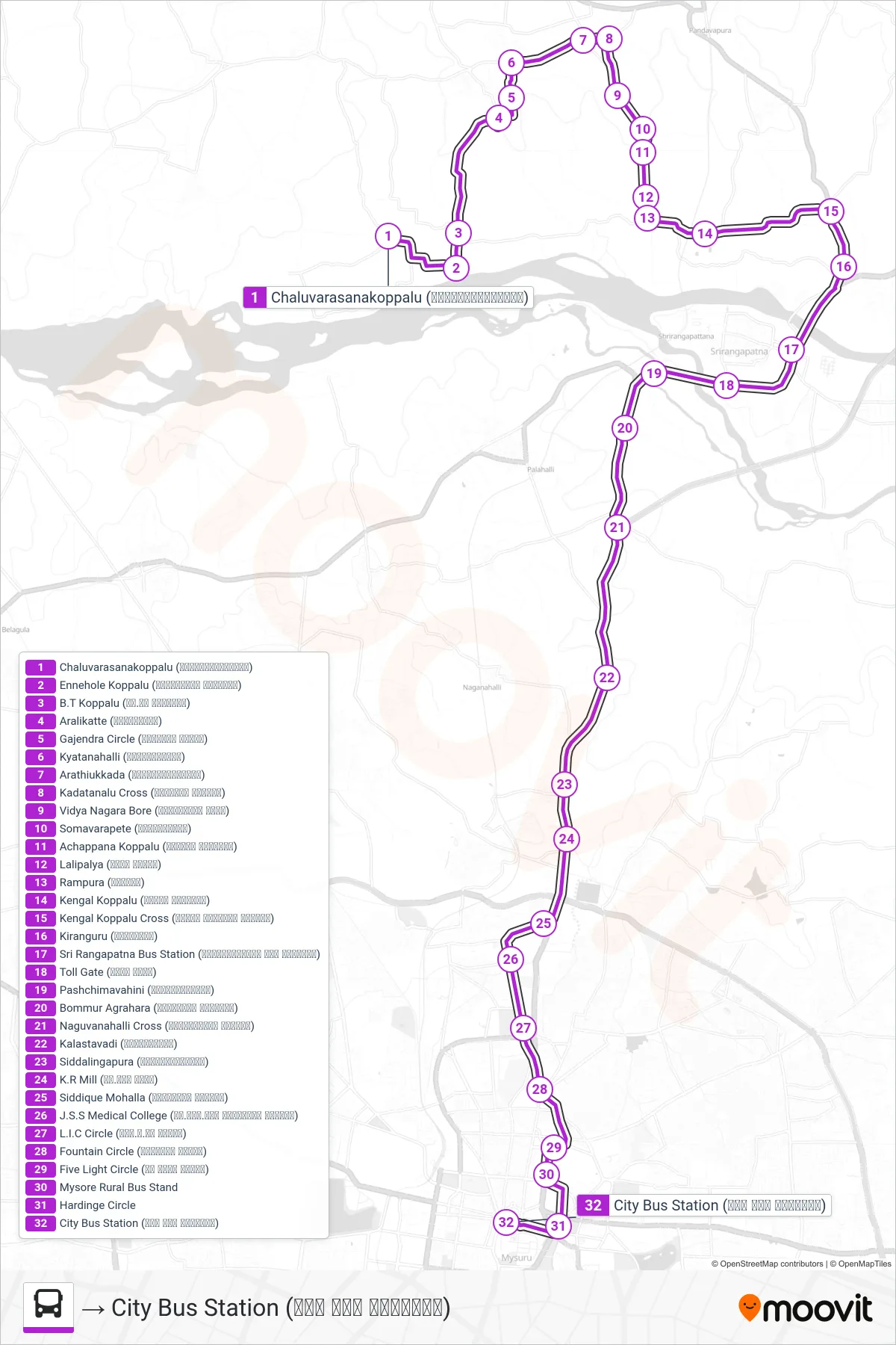 313D bus Line (→ City Bus Station (ನಗರ ಬಸ್ ನಿಲ್ದಾಣ)) route and stops on a map