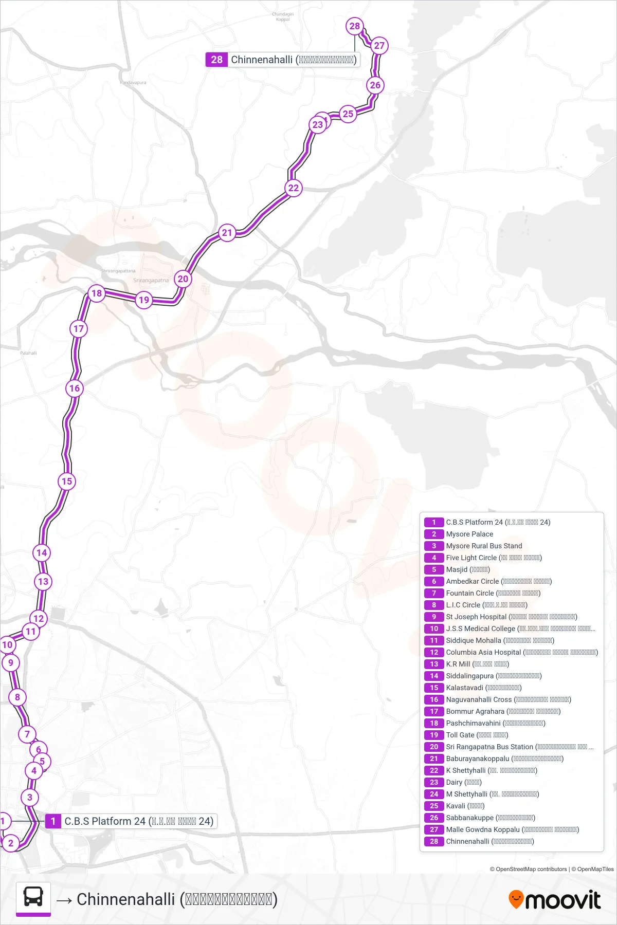 313M bus Line (→ Chinnenahalli (ಚಿನ್ನೇನಹಳ್ಳಿ)) route and stops on a map