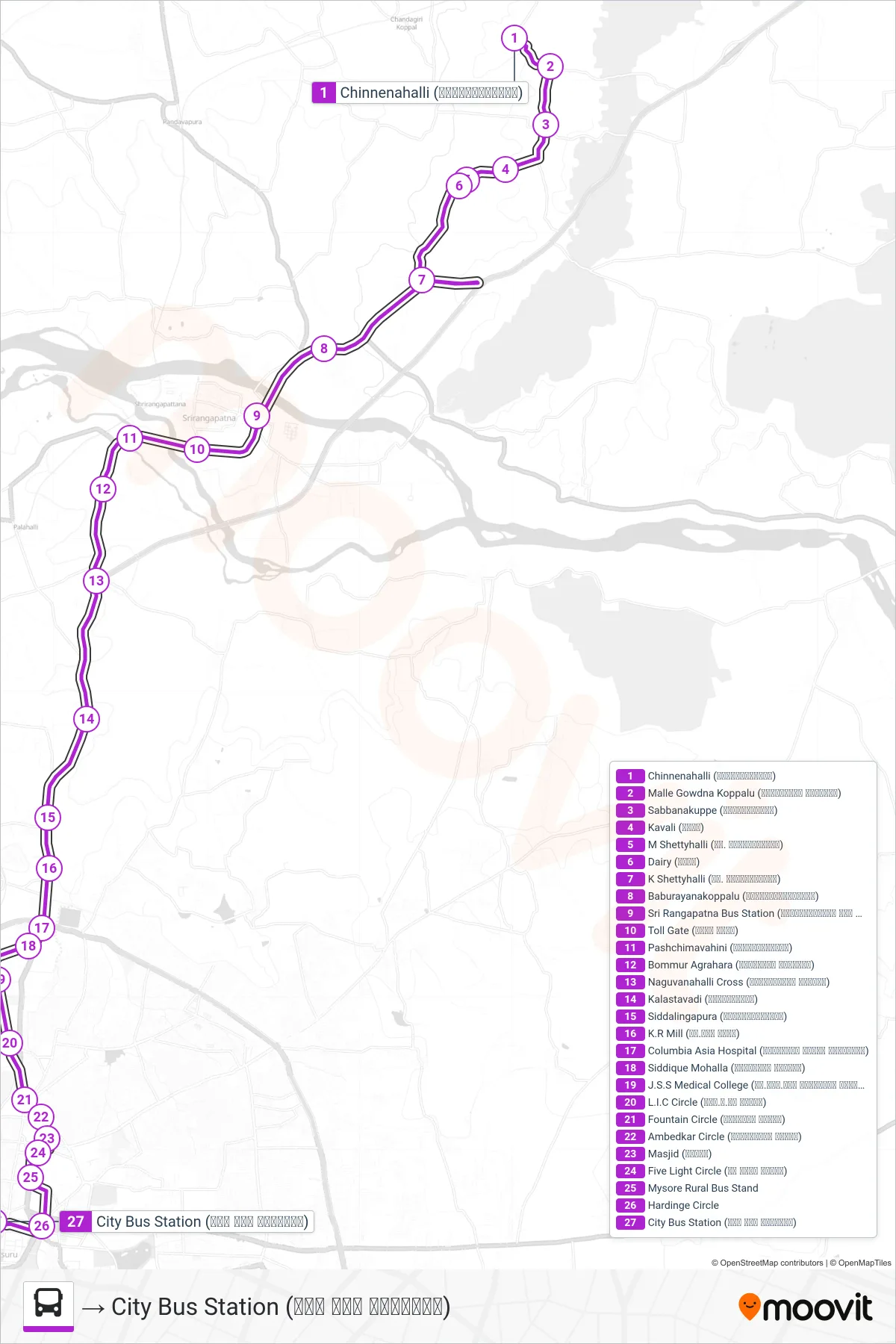 313M bus Line (→ City Bus Station (ನಗರ ಬಸ್ ನಿಲ್ದಾಣ)) route and stops on a map