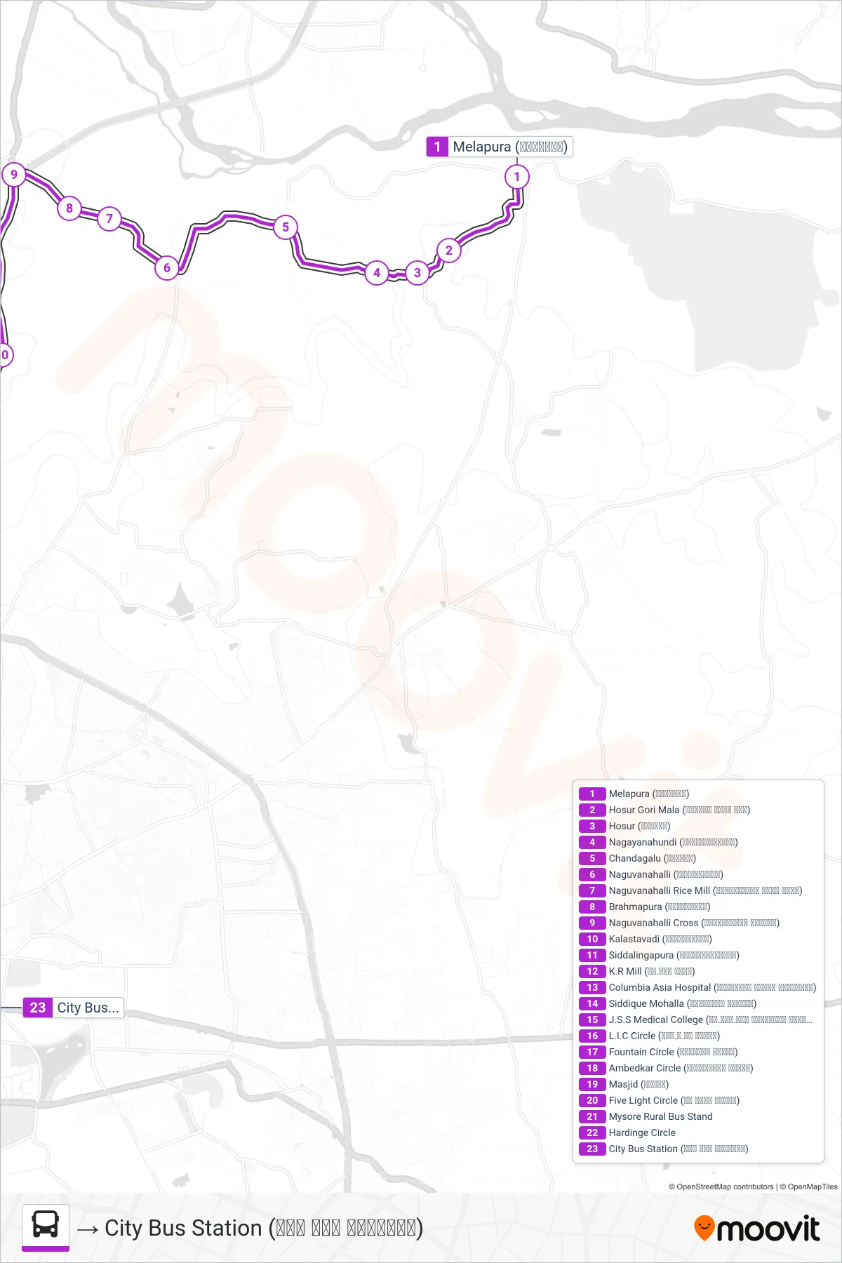 315B bus Line (→ City Bus Station (ನಗರ ಬಸ್ ನಿಲ್ದಾಣ)) route and stops on a map