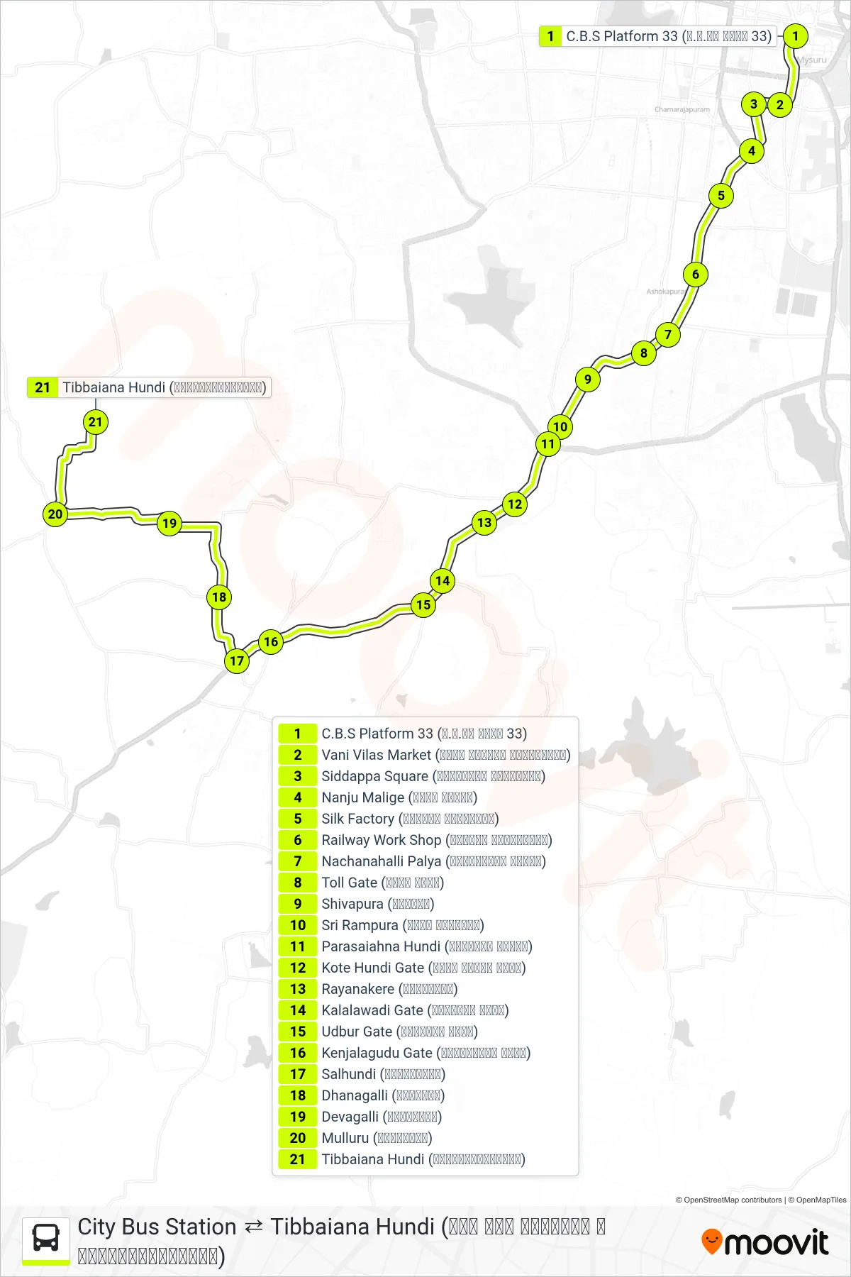 327A bus Line (→ Tibbaiana Hundi (ತಿಬ್ಬಯ್ಯನಹುಂಡಿ)) route and stops on a map
