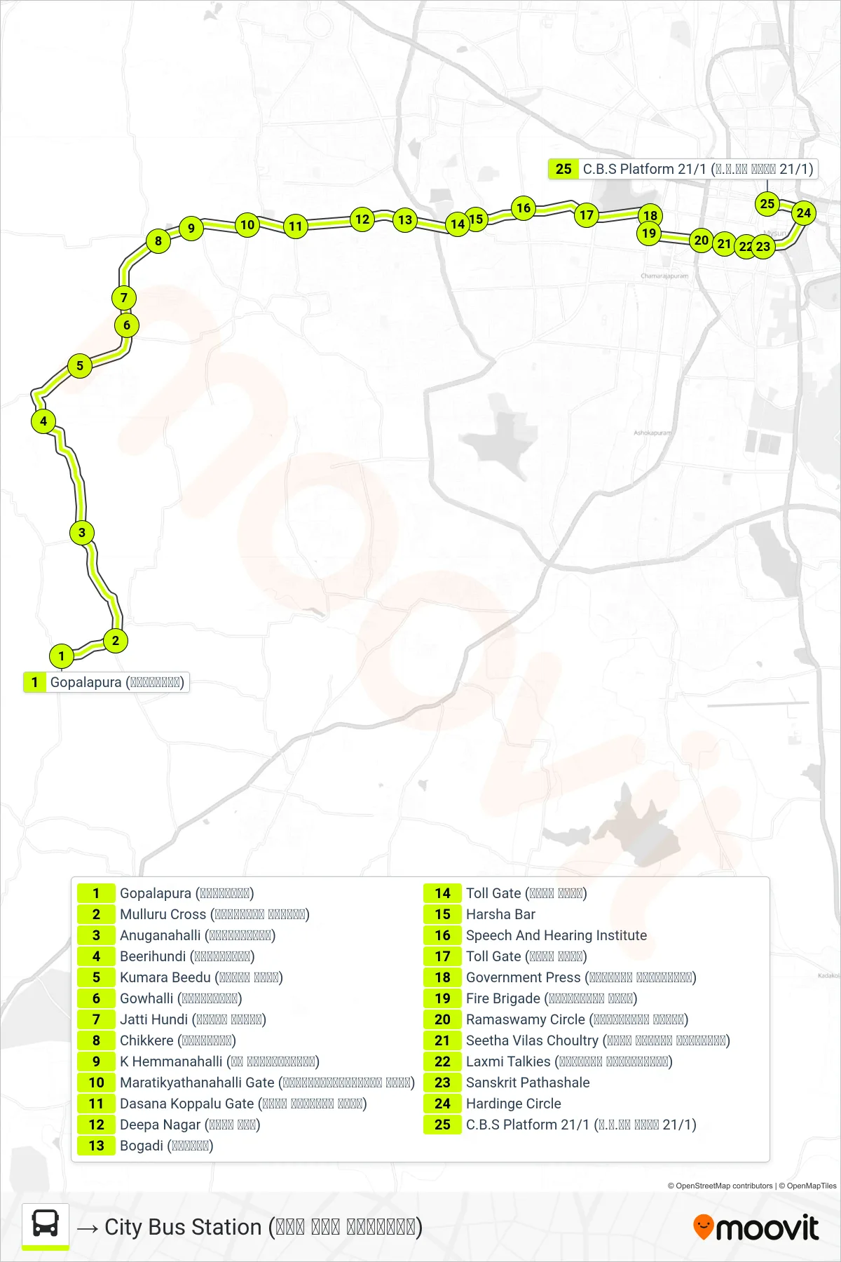 327B bus Line (→ City Bus Station (ನಗರ ಬಸ್ ನಿಲ್ದಾಣ)) route and stops on a map