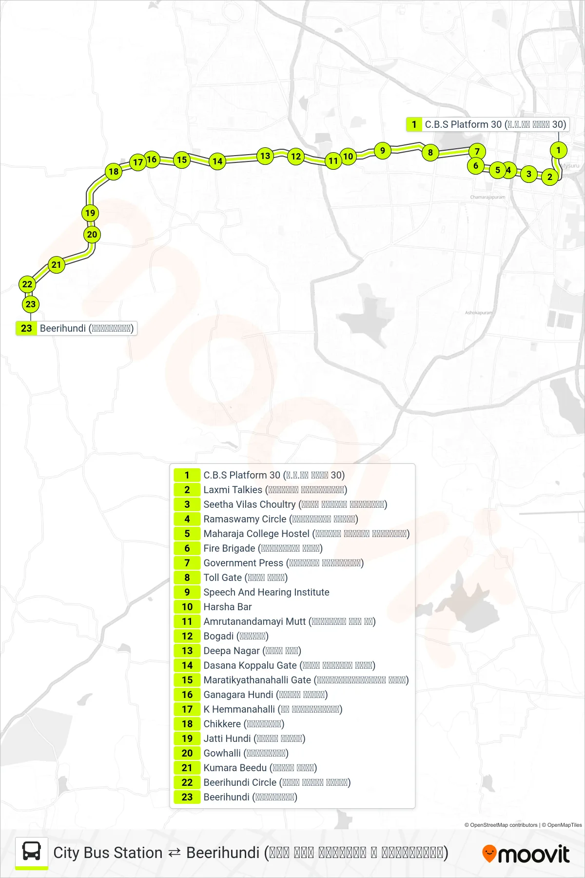 327C bus Line (→ Beerihundi (ಬೀರಿಹುಂಡಿ)) route and stops on a map