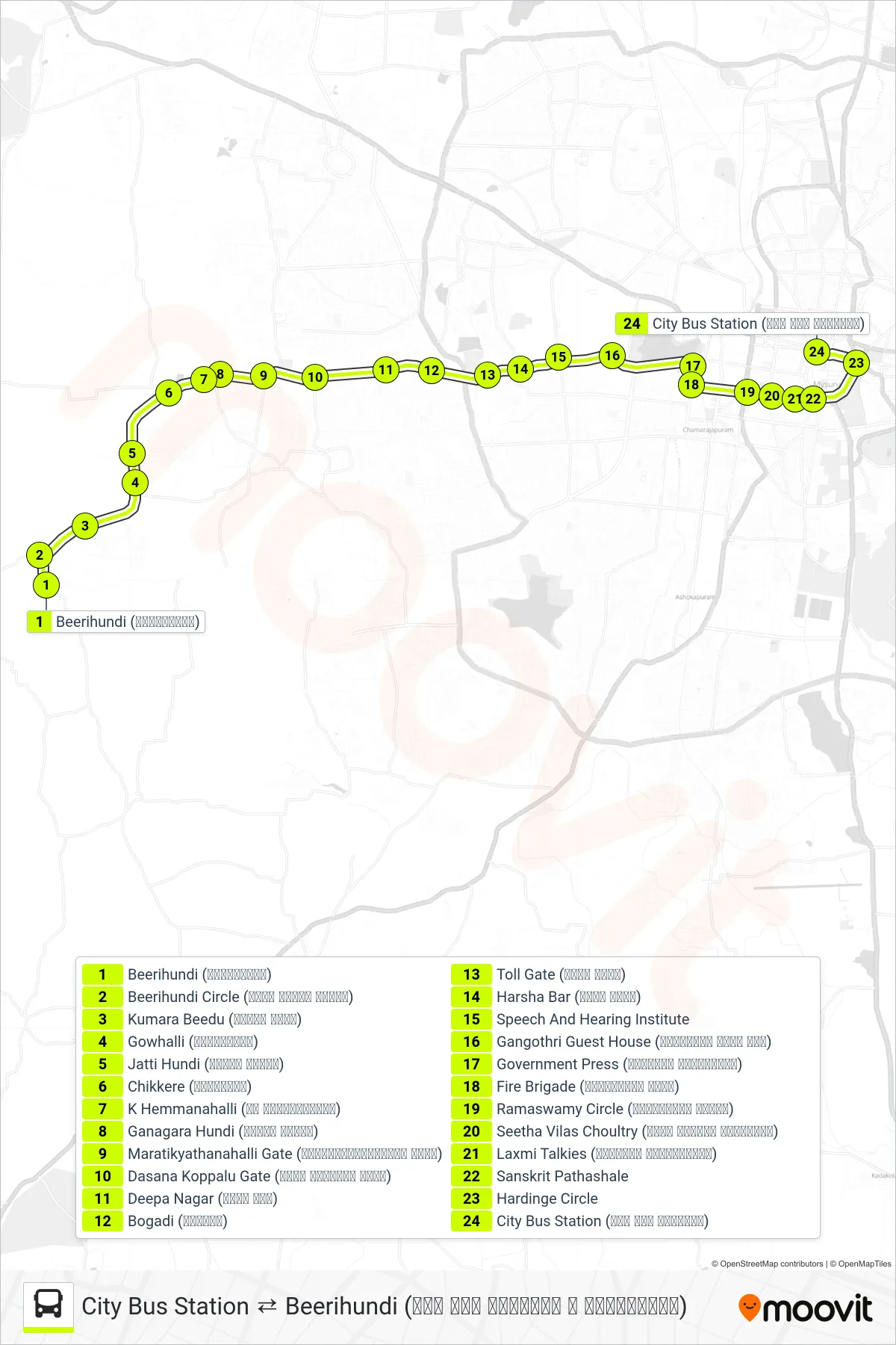 327C bus Line (→ City Bus Station (ನಗರ ಬಸ್ ನಿಲ್ದಾಣ)) route and stops on a map