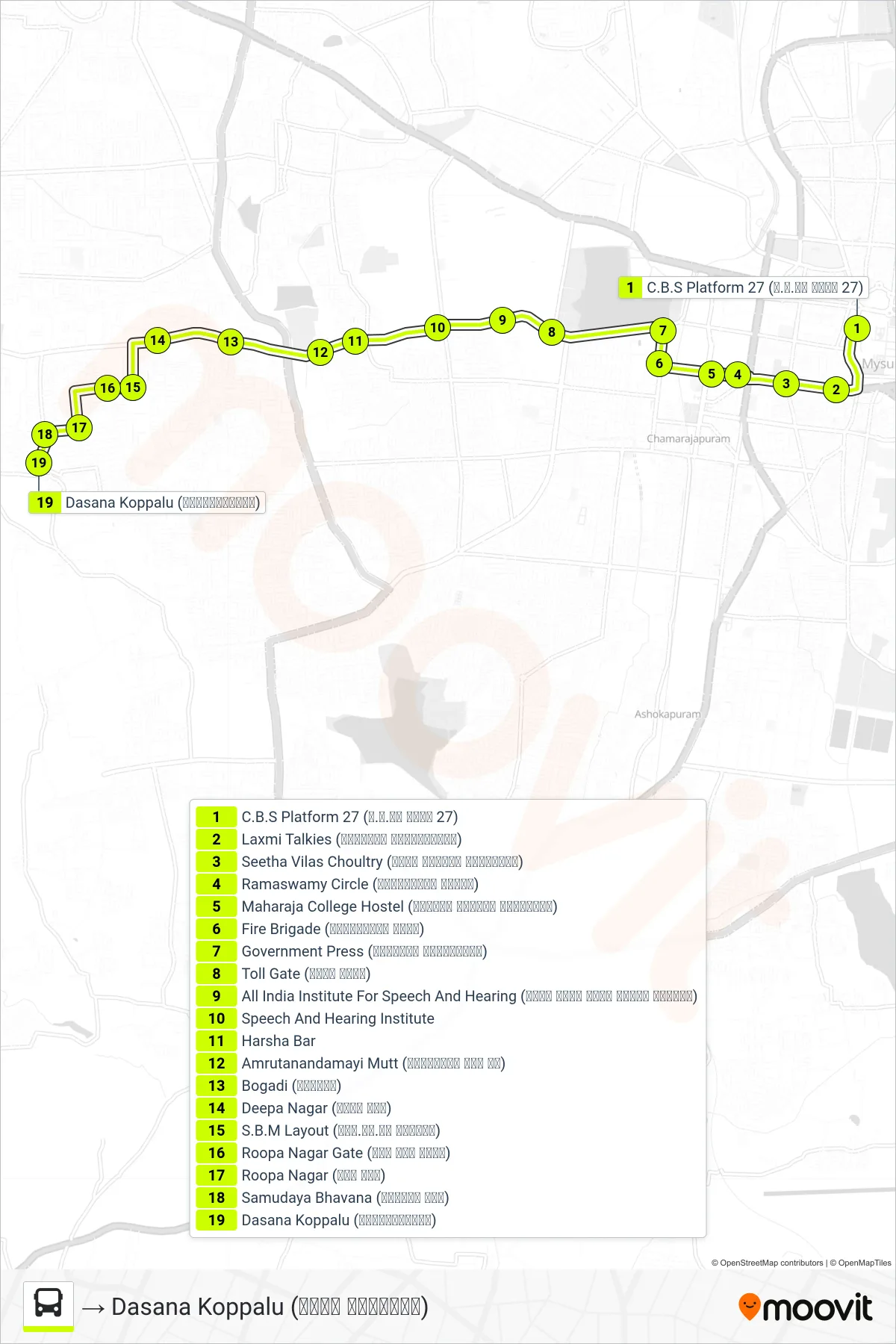 327D bus Line (→ Dasana Koppalu (ದಾಸನ ಕೊಪ್ಪಲು)) route and stops on a map