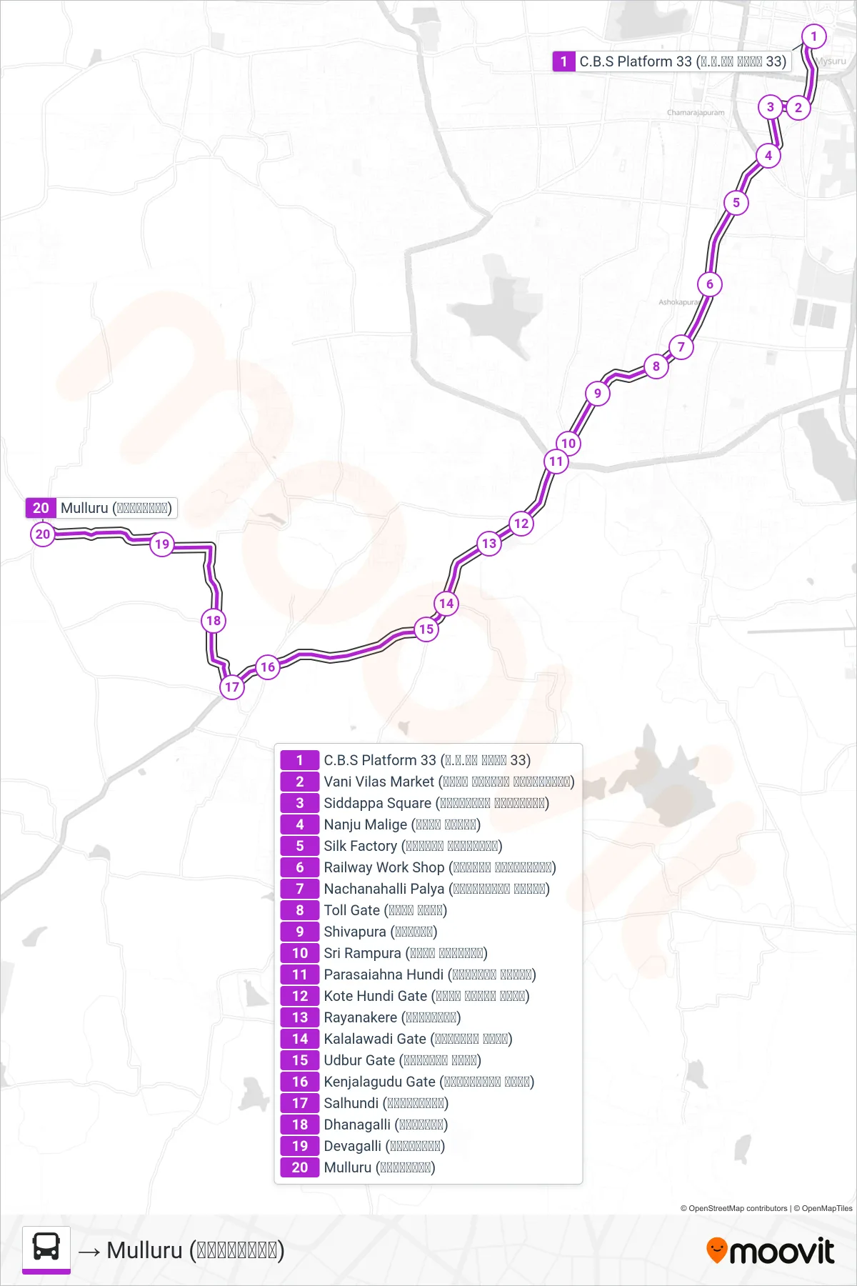 327M bus Line (→ Mulluru (ಮುಳ್ಳೂರು)) route and stops on a map