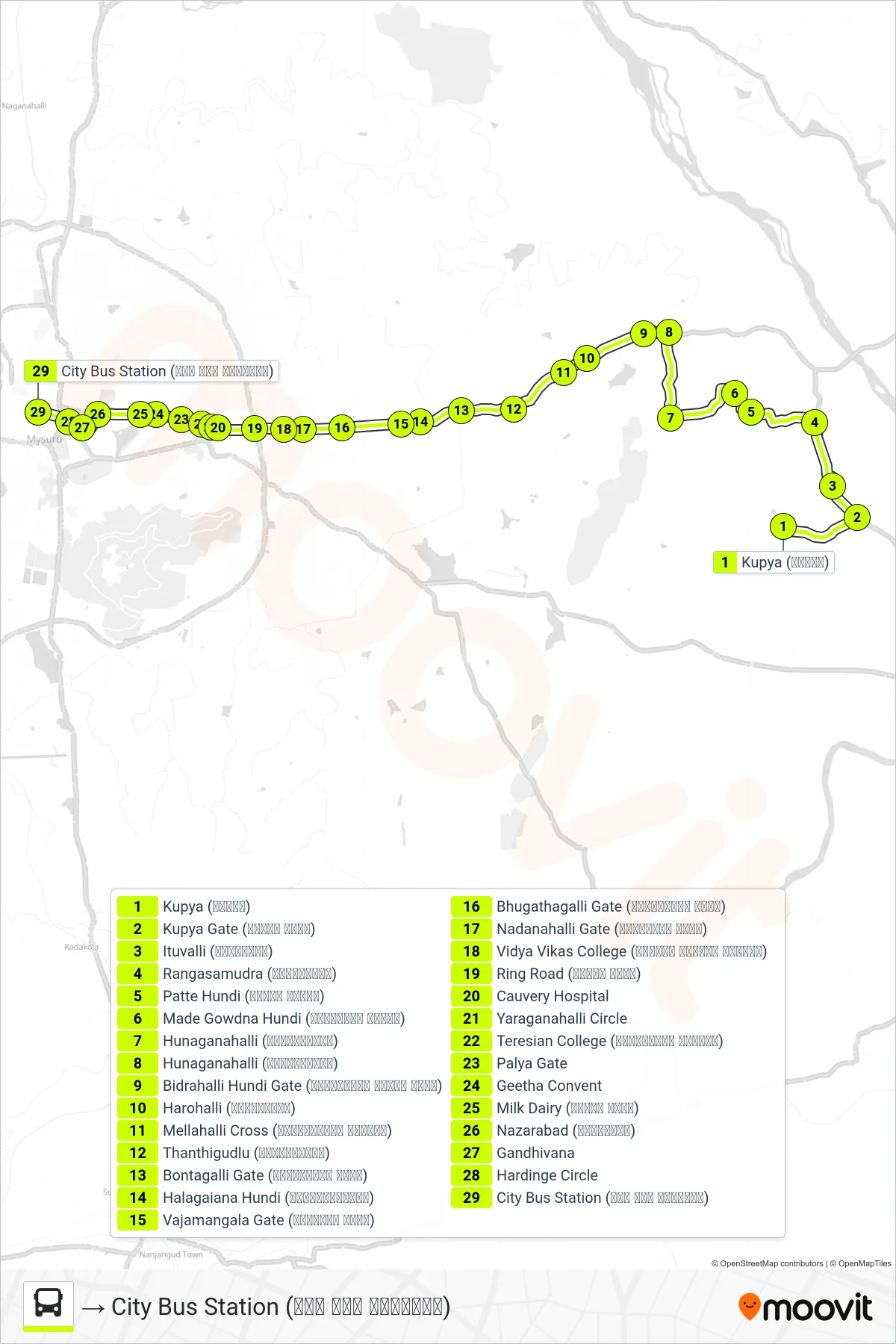 328K bus Line (→ City Bus Station (ನಗರ ಬಸ್ ನಿಲ್ದಾಣ)) route and stops on a map