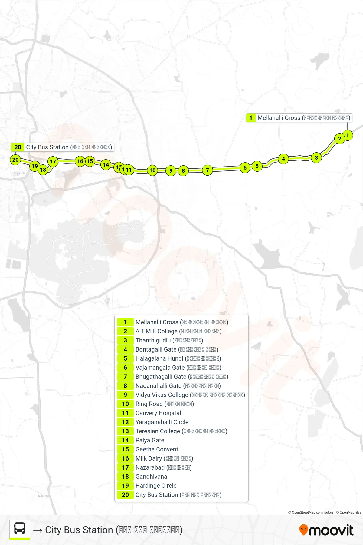 333C bus Line (→ City Bus Station (ನಗರ ಬಸ್ ನಿಲ್ದಾಣ)) route and stops on a map