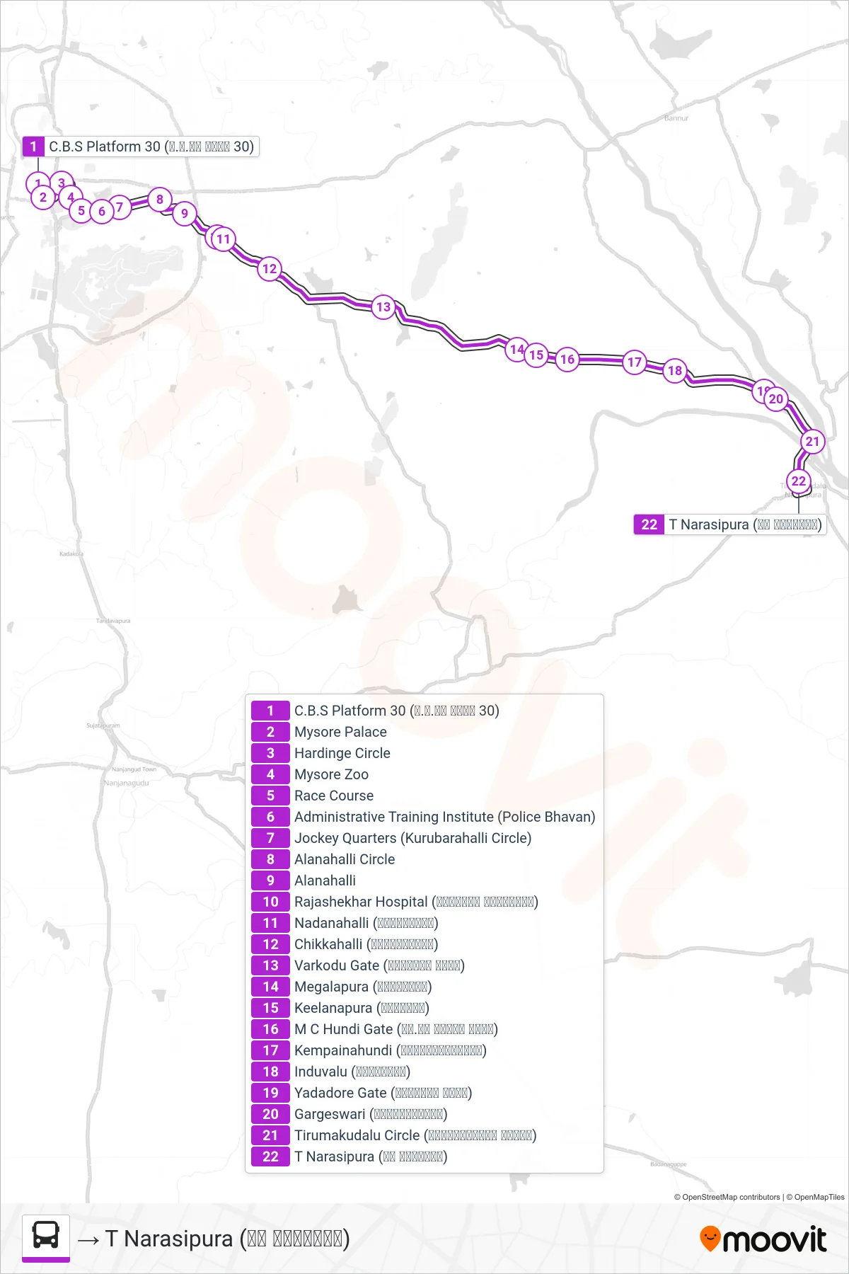 341A bus Line (→ T Narasipura (ಟಿ ನರಸೀಪುರ)) route and stops on a map
