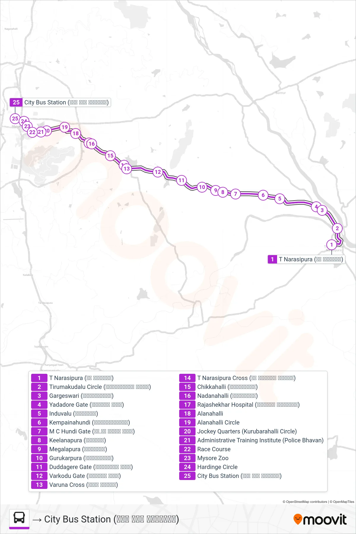 341A bus Line (→ City Bus Station (ನಗರ ಬಸ್ ನಿಲ್ದಾಣ)) route and stops on a map