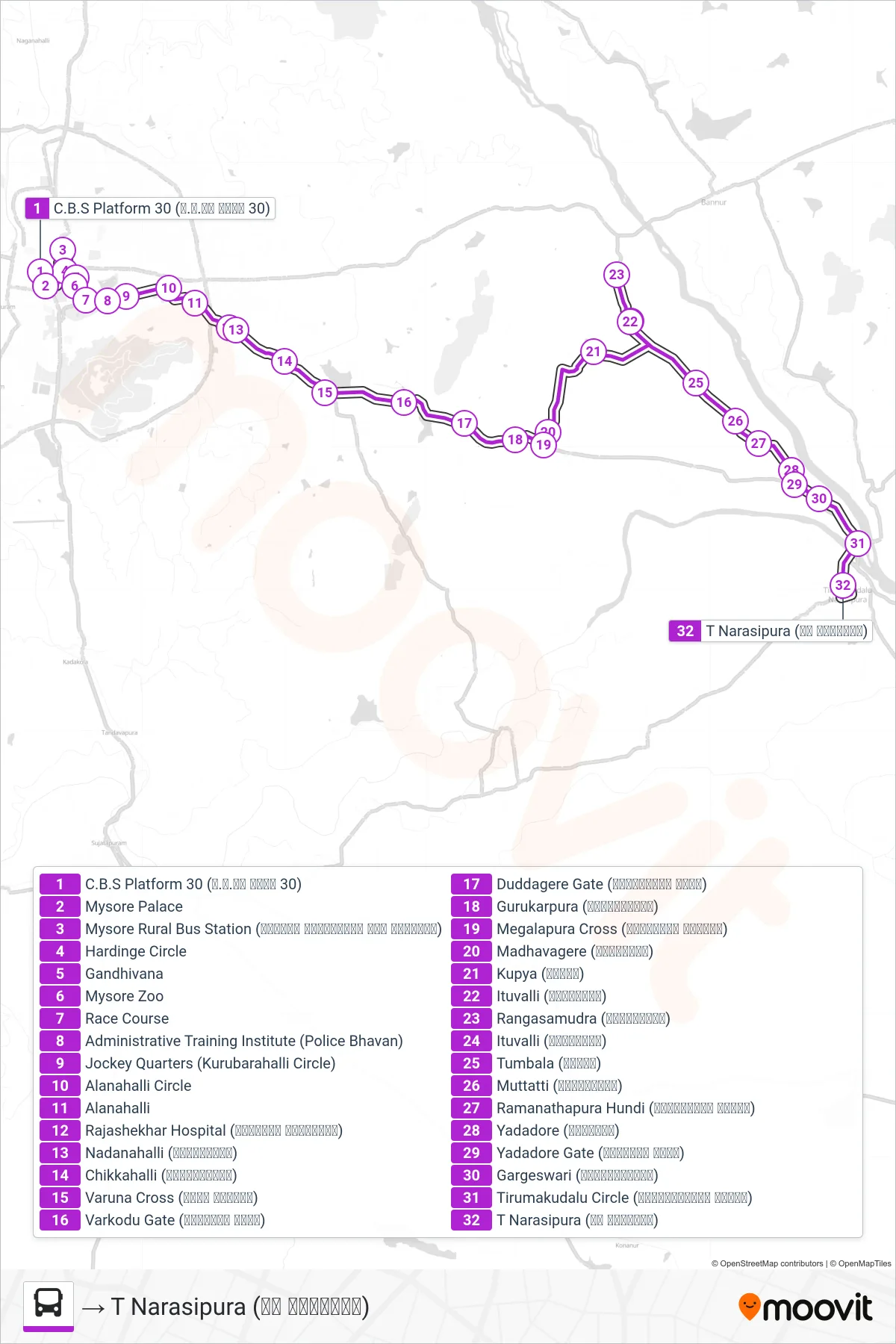 341B bus Line (→ T Narasipura (ಟಿ ನರಸೀಪುರ)) route and stops on a map