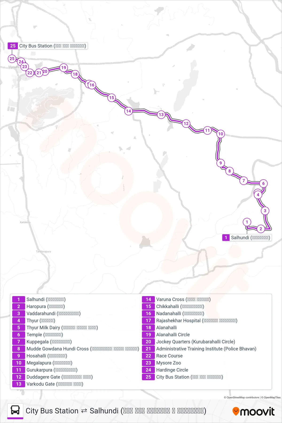 342S bus Line (→ City Bus Station (ನಗರ ಬಸ್ ನಿಲ್ದಾಣ)) route and stops on a map