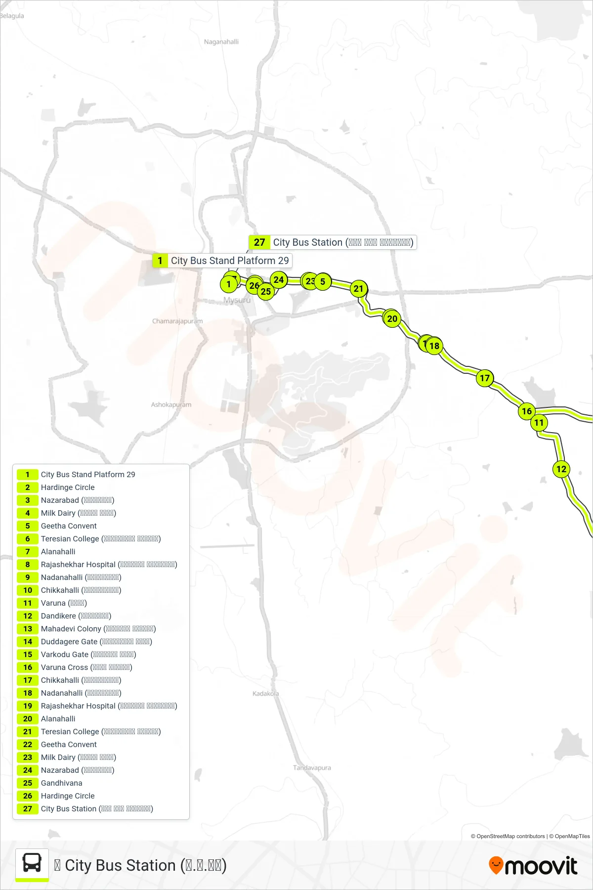 345M bus Line (↺ City Bus Station (ನ.ಬ.ನಿ)) route and stops on a map