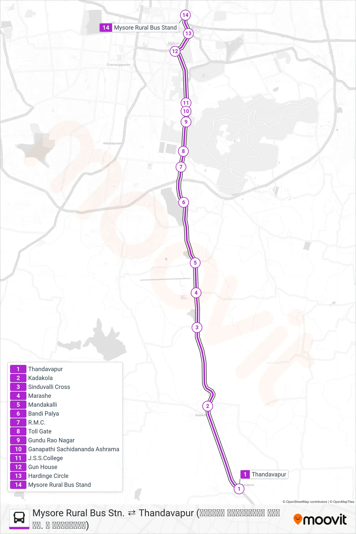 401T bus Line (→ Mysore Rural Bus Stn. (ಮೈಸೂರು ಗ್ರಾಮಾಂತರ ಬಸ್ ನಿ.)) route and stops on a map