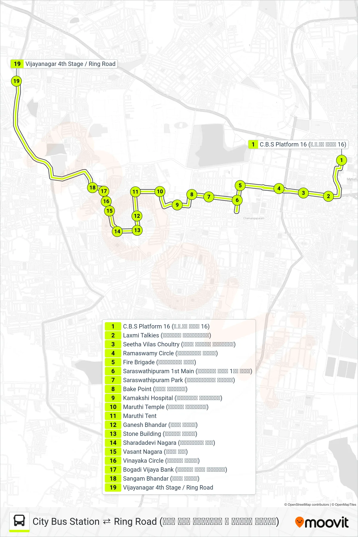 51BR bus Line (→ Ring Road (ರಿಂಗ್ ರಸ್ತೆ)) route and stops on a map
