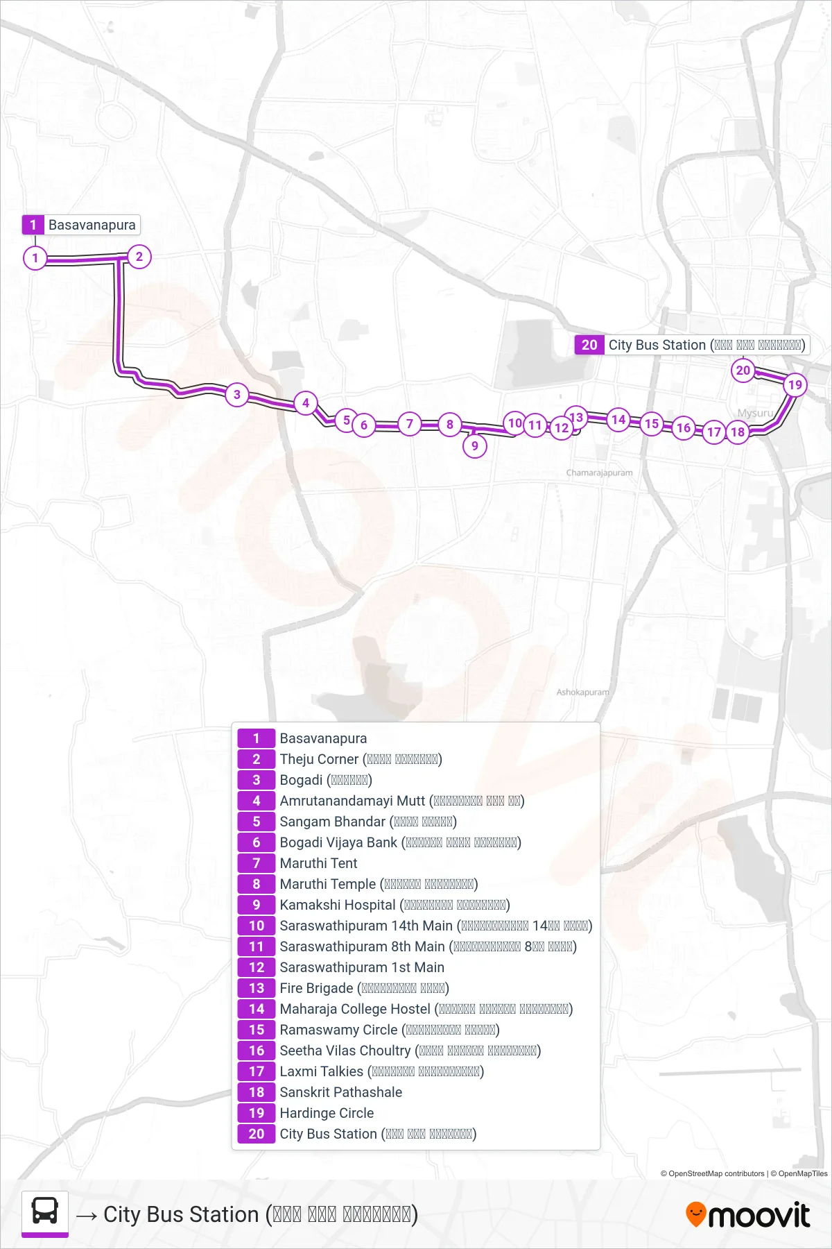 51DC bus Line (→ City Bus Station (ನಗರ ಬಸ್ ನಿಲ್ದಾಣ)) route and stops on a map