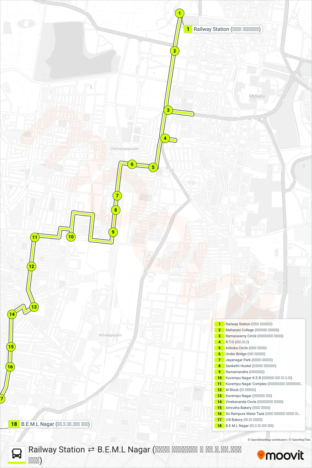 53RS bus Line (→ B.E.M.L Nagar (ಬಿ.ಇ.ಎಂ.ಎಲ್ ನಗರ)) route and stops on a map