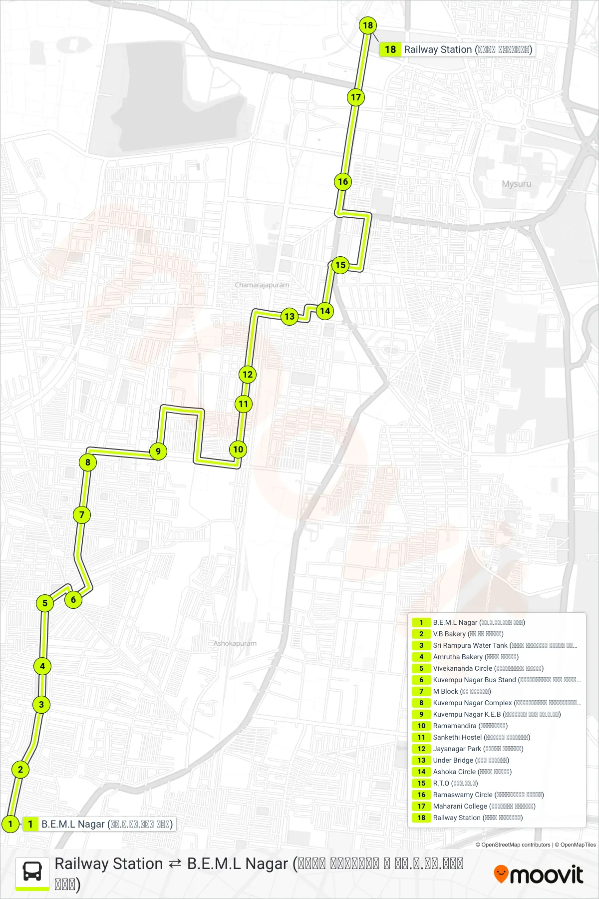 53RS bus Line (→ Railway Station (ರೈಲು ನಿಲ್ದಾಣ)) route and stops on a map