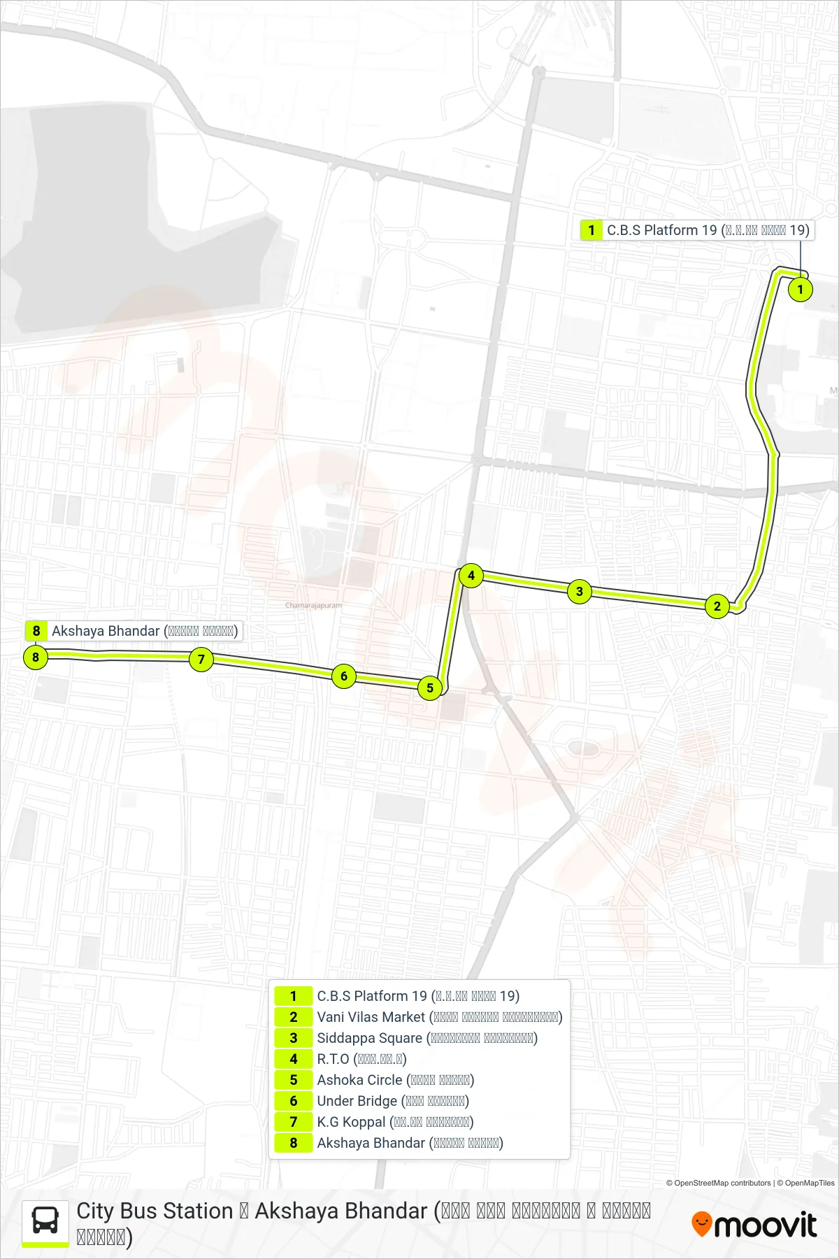 80AB bus Line (➥ Akshaya Bhandar (ಅಕ್ಷಯ ಭಂಡಾರ)) route and stops on a map