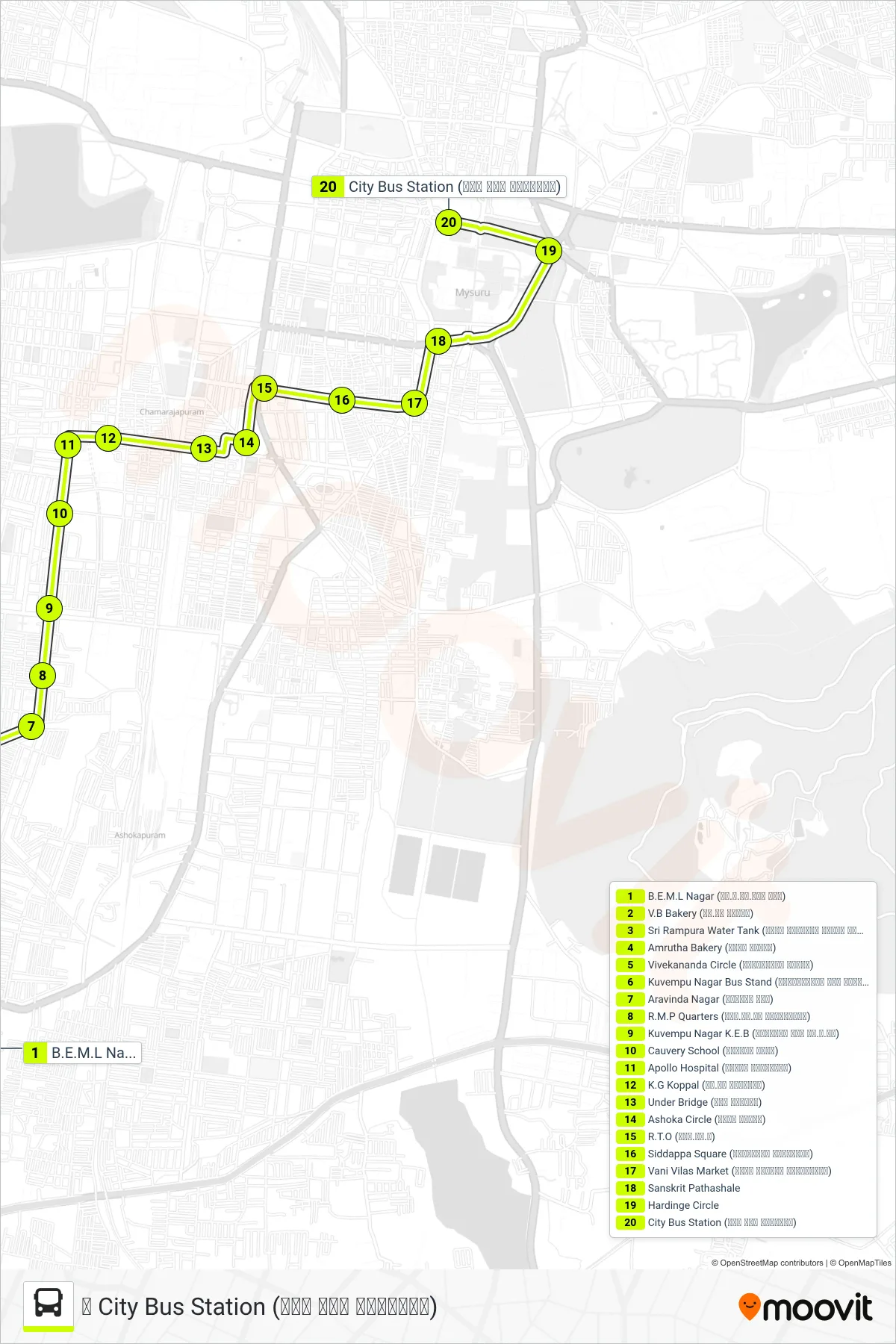 80BN bus Line (➥ City Bus Station (ನಗರ ಬಸ್ ನಿಲ್ದಾಣ)) route and stops on a map