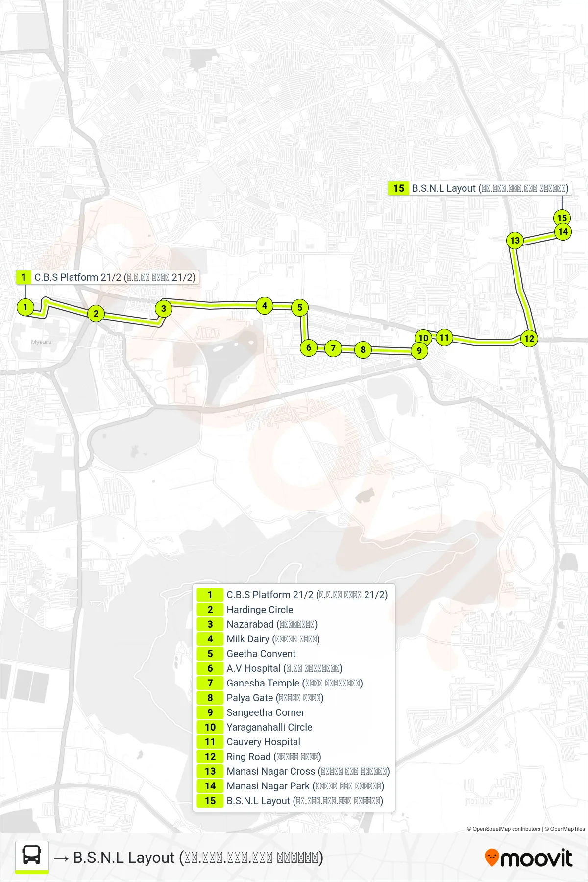 80BS bus Line (→ B.S.N.L Layout (ಬಿ.ಎಸ್.ಎನ್.ಎಲ್ ಬಡಾವಣೆ)) route and stops on a map