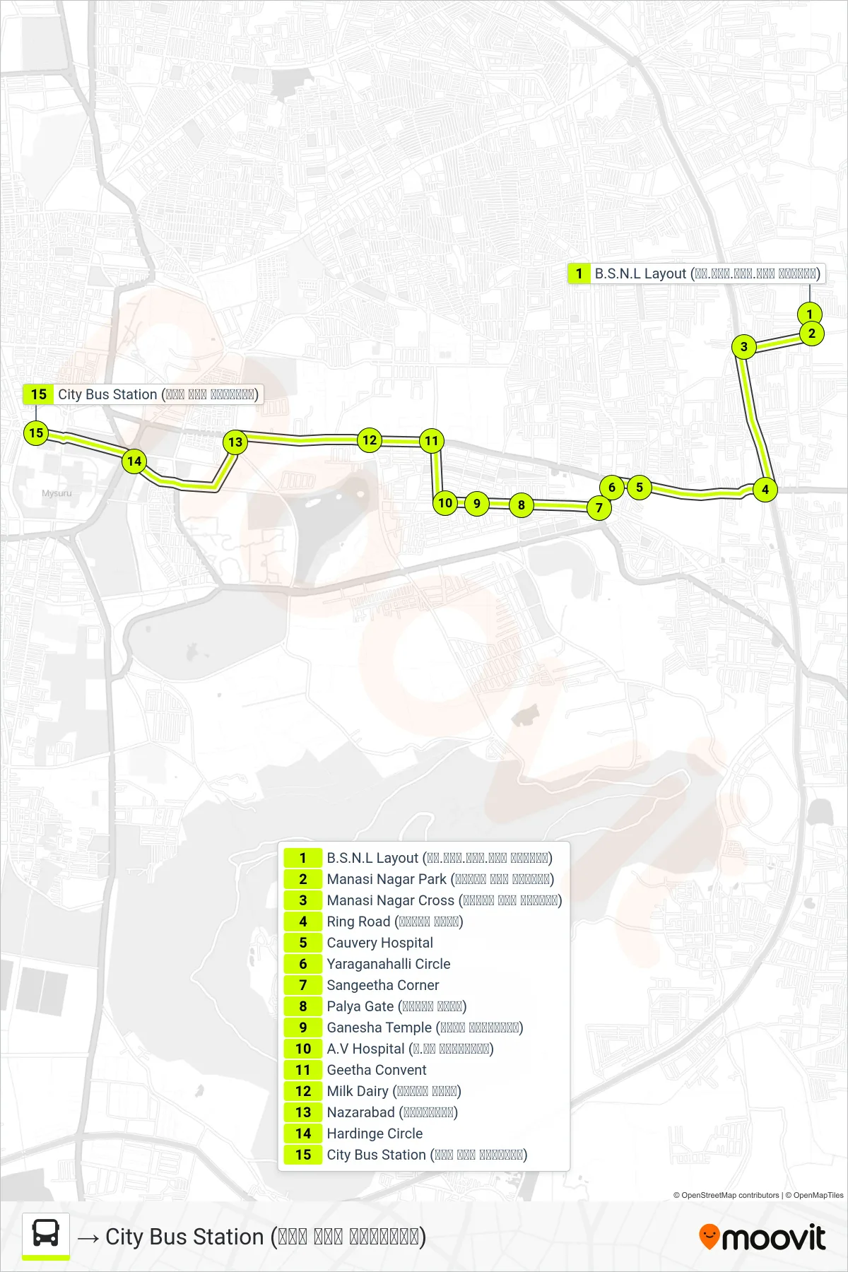 80BS bus Line (→ City Bus Station (ನಗರ ಬಸ್ ನಿಲ್ದಾಣ)) route and stops on a map