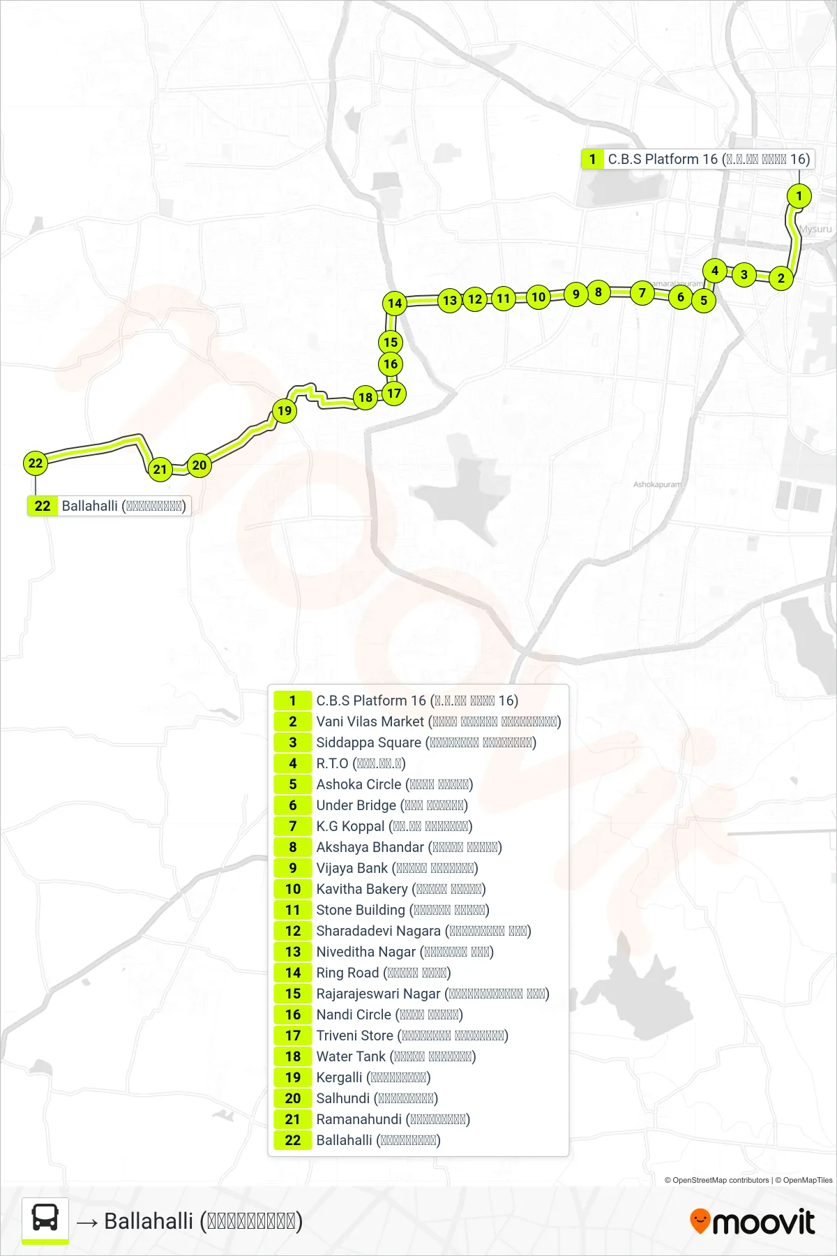 91BL bus Line (→ Ballahalli (ಬಲ್ಲಹಳ್ಳಿ)) route and stops on a map