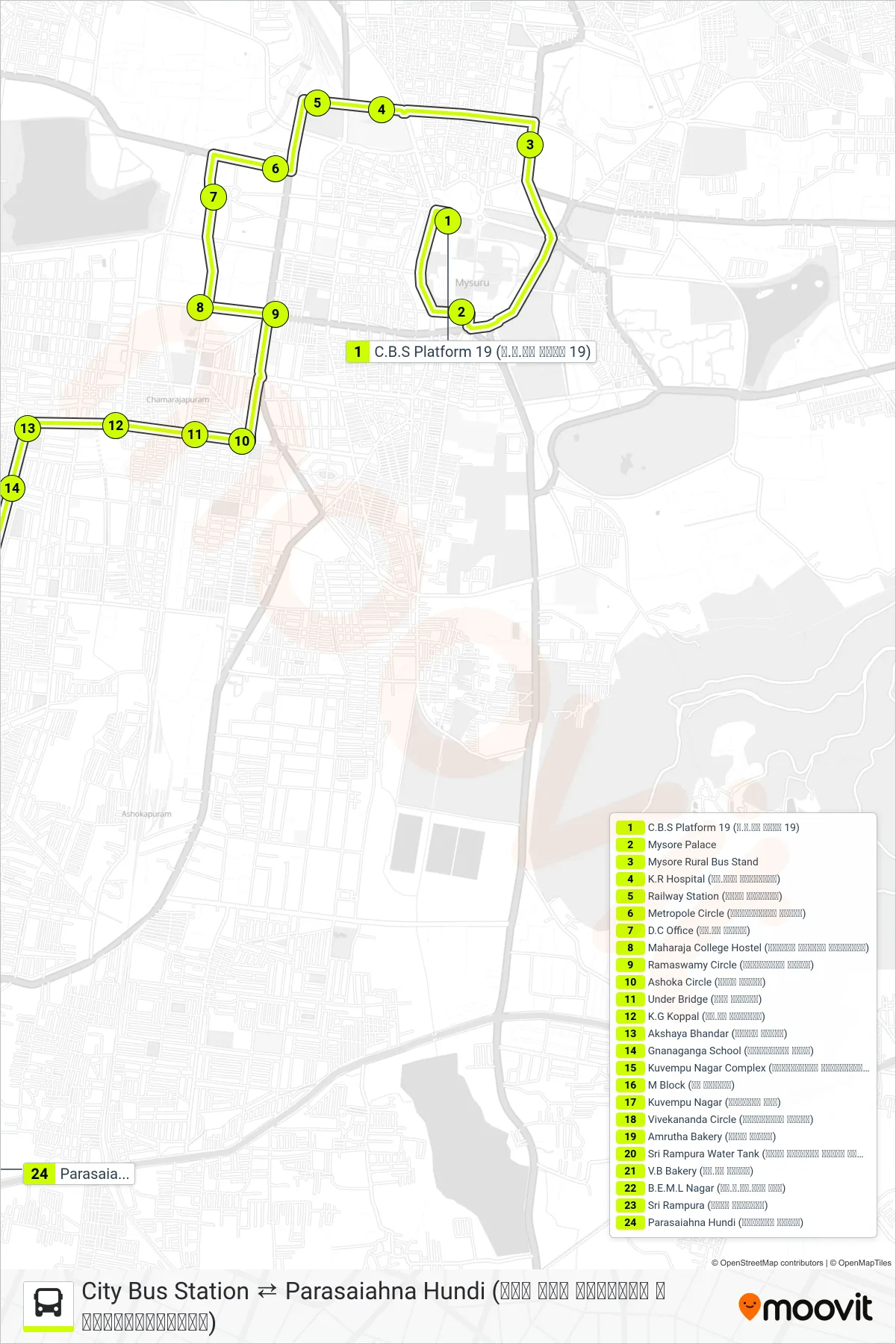 94DC bus Line (→ Parasaiahna Hundi (ಪರಸಯ್ಯನ ಹುಂಡಿ)) route and stops on a map