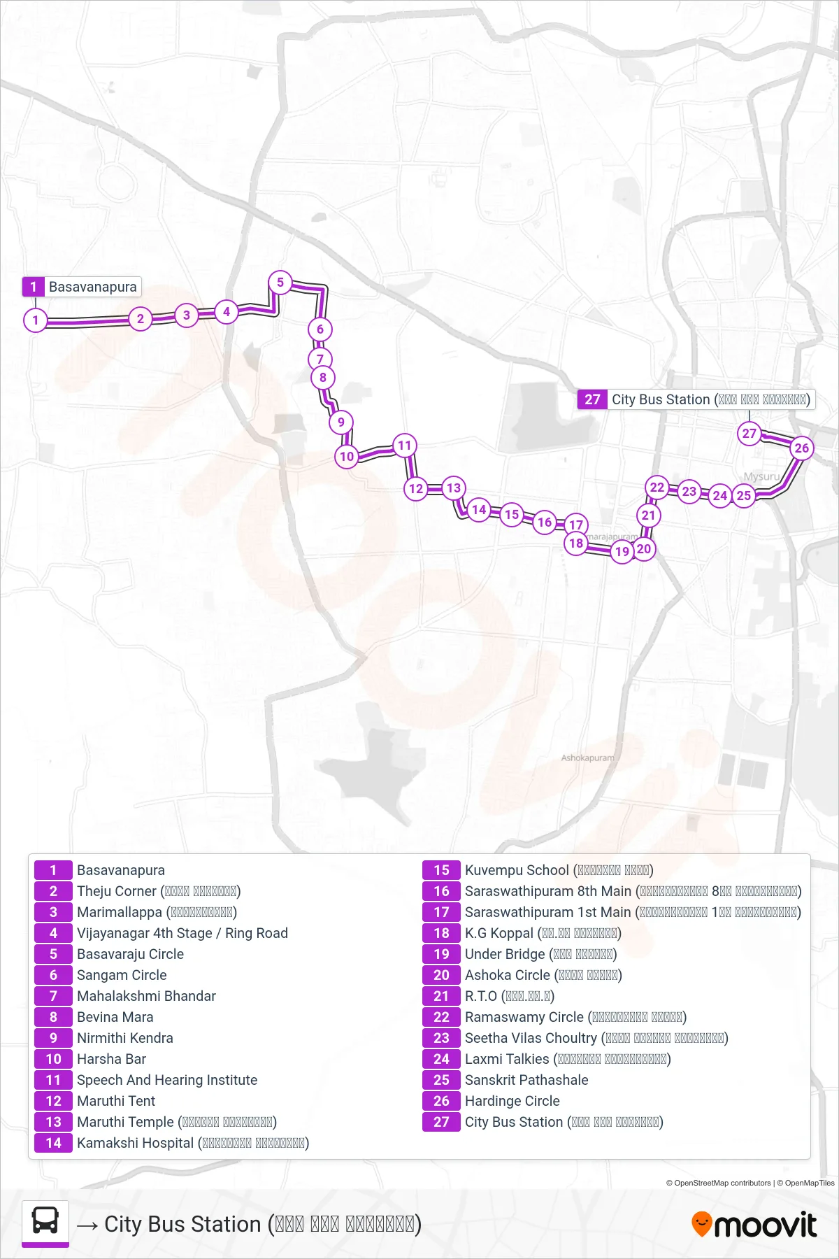 95BP bus Line (→ City Bus Station (ನಗರ ಬಸ್ ನಿಲ್ದಾಣ)) route and stops on a map