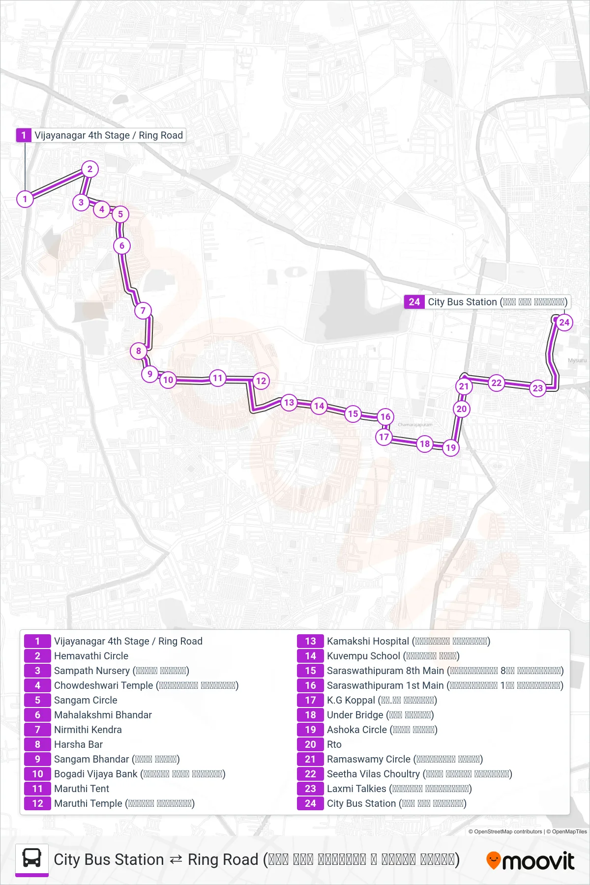 95DP bus Line (→ City Bus Station (ನಗರ ಬಸ್ ನಿಲ್ದಾಣ)) route and stops on a map