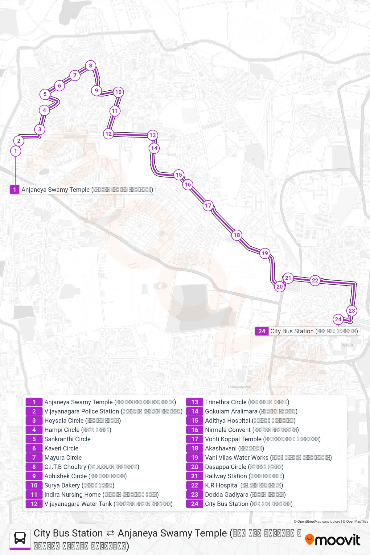 122CA bus Line (→ City Bus Station (ನಗರ ಬಸ್ ನಿಲ್ದಾಣ)) route and stops on a map