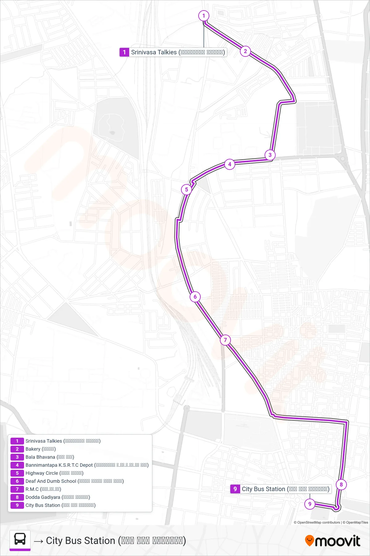 150SR bus Line (→ City Bus Station (ನಗರ ಬಸ್ ನಿಲ್ದಾಣ)) route and stops on a map