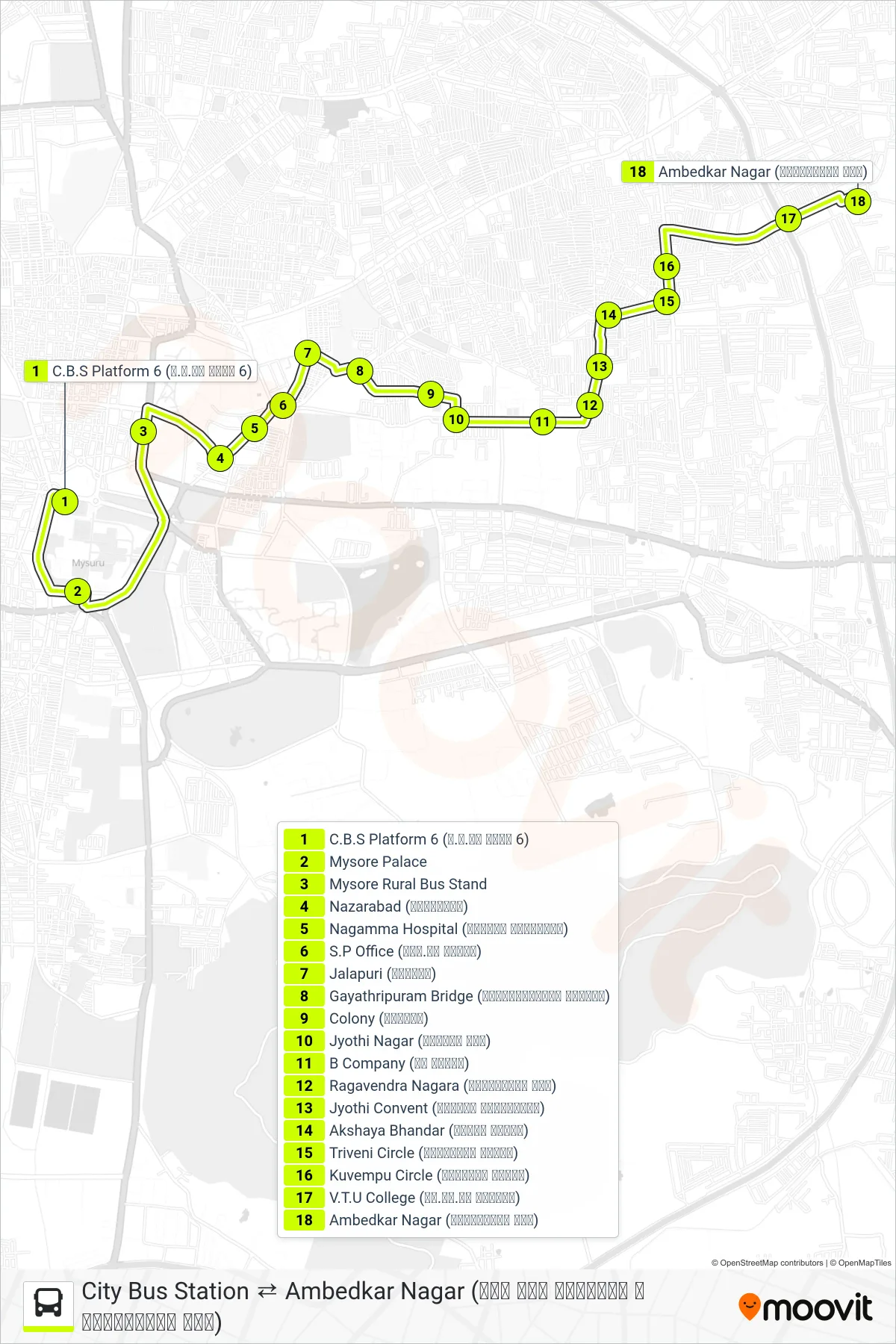 161AC bus Line (→ Ambedkar Nagar (ಅಂಬೇಡ್ಕರ್ ನಗರ)) route and stops on a map