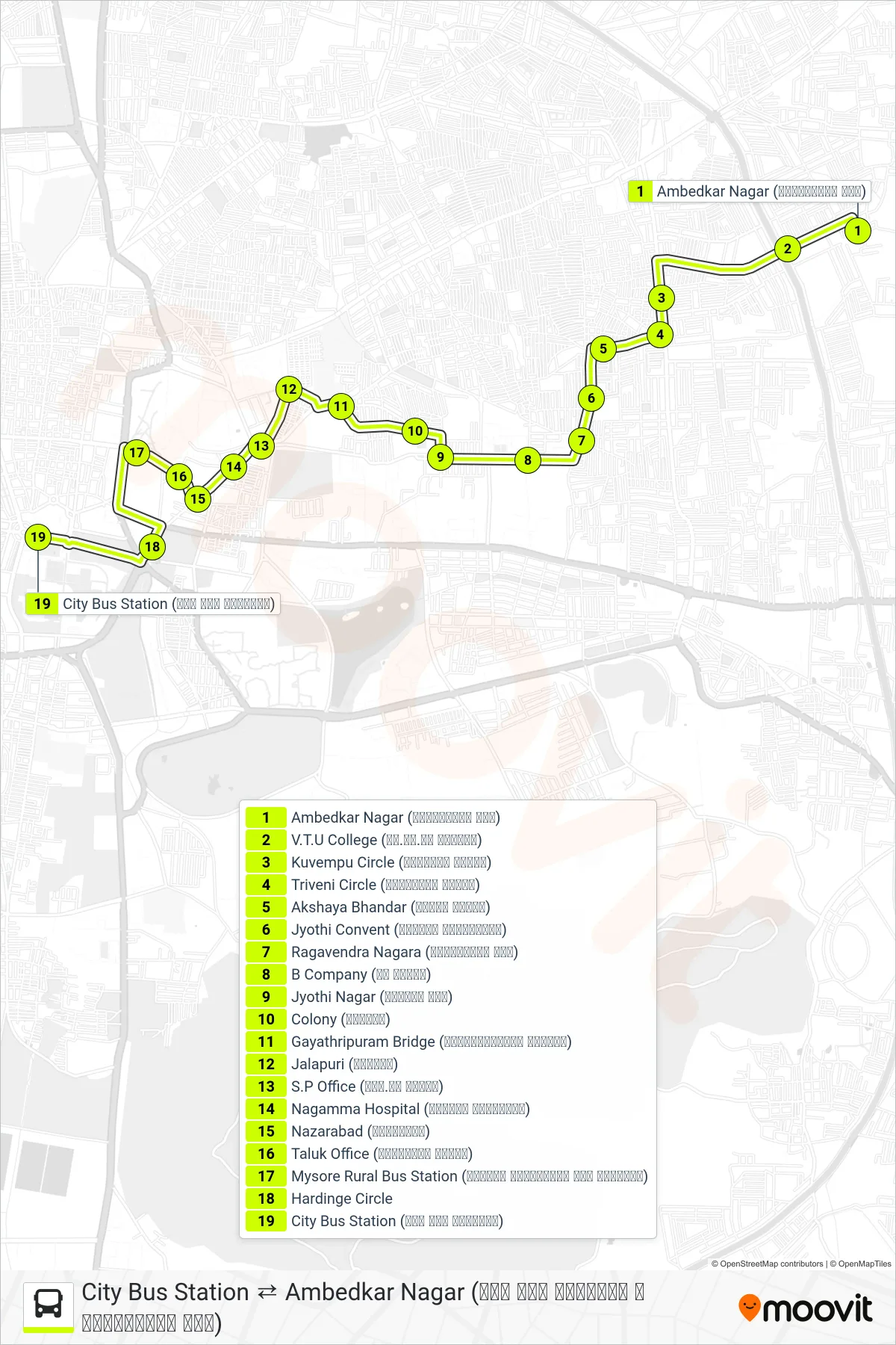 161AC bus Line (→ City Bus Station (ನಗರ ಬಸ್ ನಿಲ್ದಾಣ)) route and stops on a map