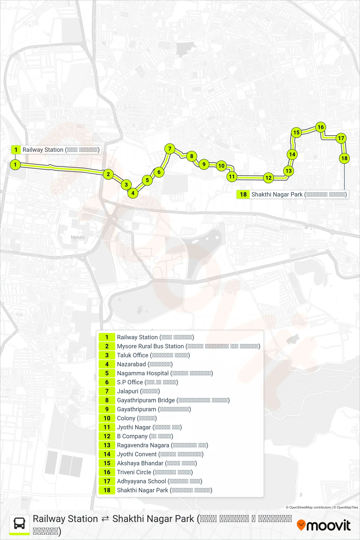 161RL bus Line (→ Shakthi Nagar Park (ಶಕ್ತಿನಗರ ಪಾರ್ಕ್‌)) route and stops on a map