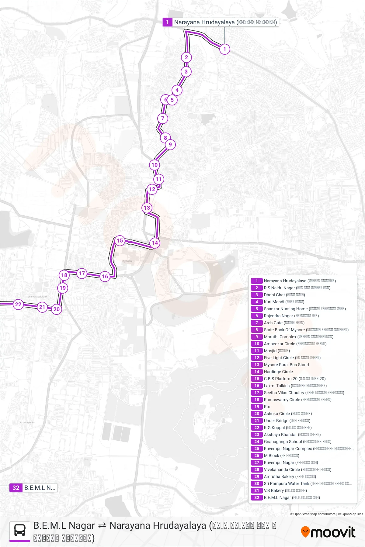 178DB bus Line (→ B.E.M.L Nagar (ಬಿ.ಇ.ಎಂ.ಎಲ್ ನಗರ)) route and stops on a map