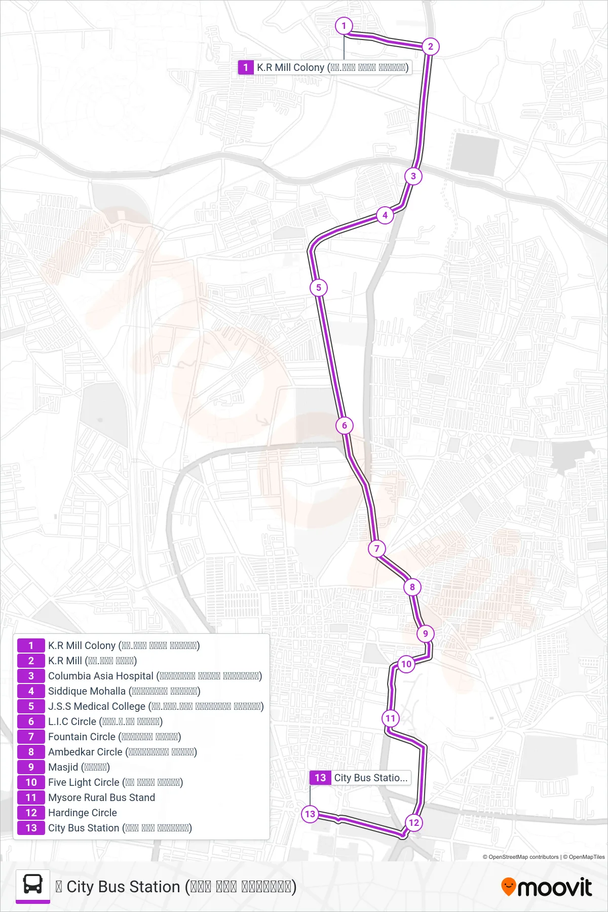 178KM bus Line (➥ City Bus Station (ನಗರ ಬಸ್ ನಿಲ್ದಾಣ)) route and stops on a map