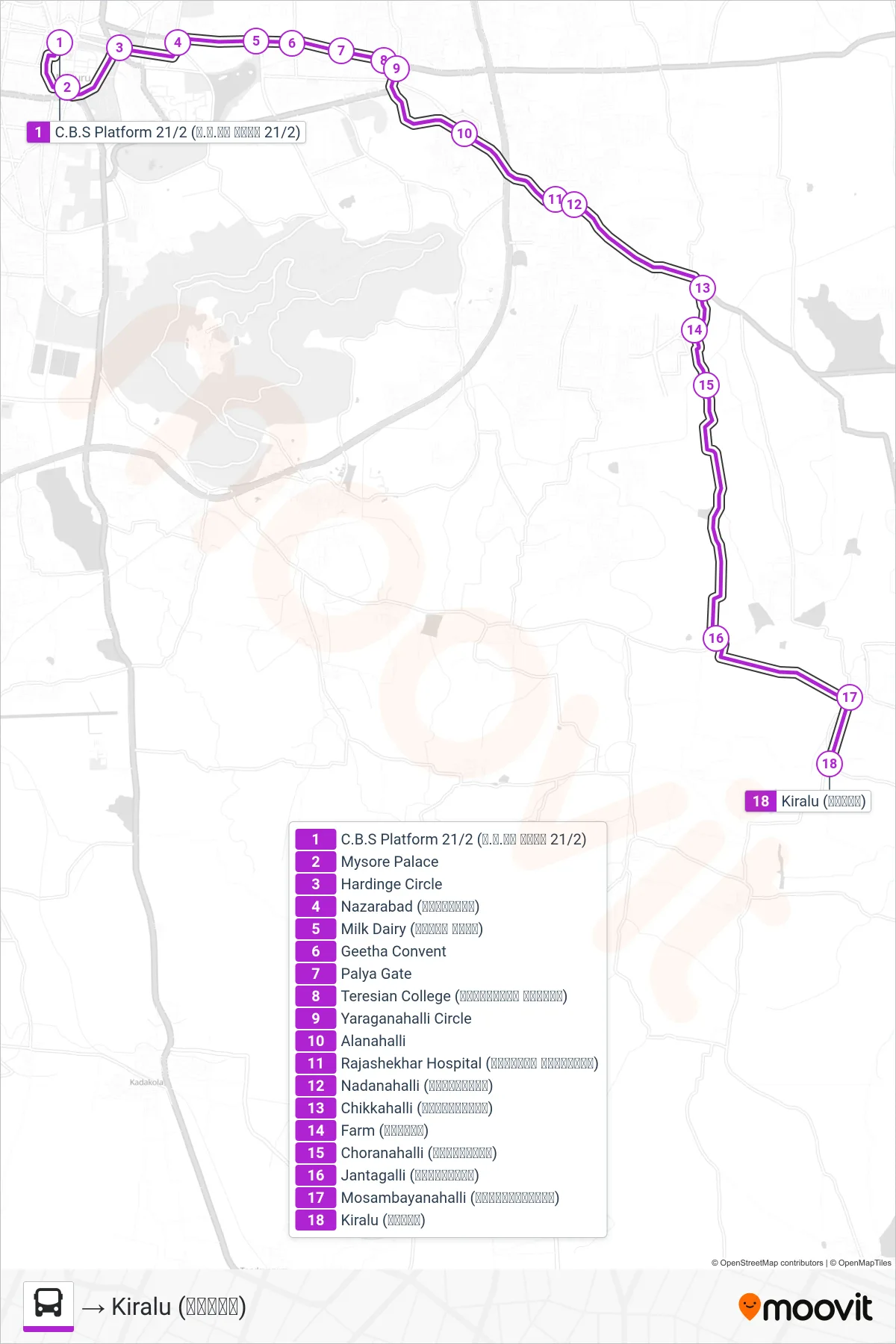 182KR bus Line (→ Kiralu (ಕಿರಳು)) route and stops on a map