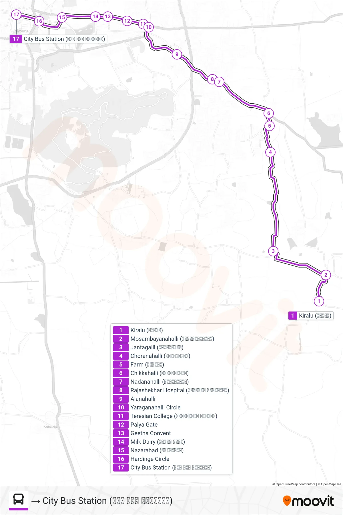 182KR bus Line (→ City Bus Station (ನಗರ ಬಸ್ ನಿಲ್ದಾಣ)) route and stops on a map