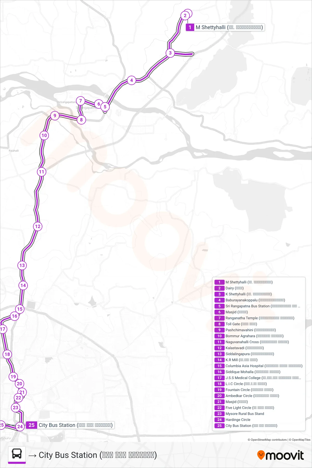 313MS bus Line (→ City Bus Station (ನಗರ ಬಸ್ ನಿಲ್ದಾಣ)) route and stops on a map