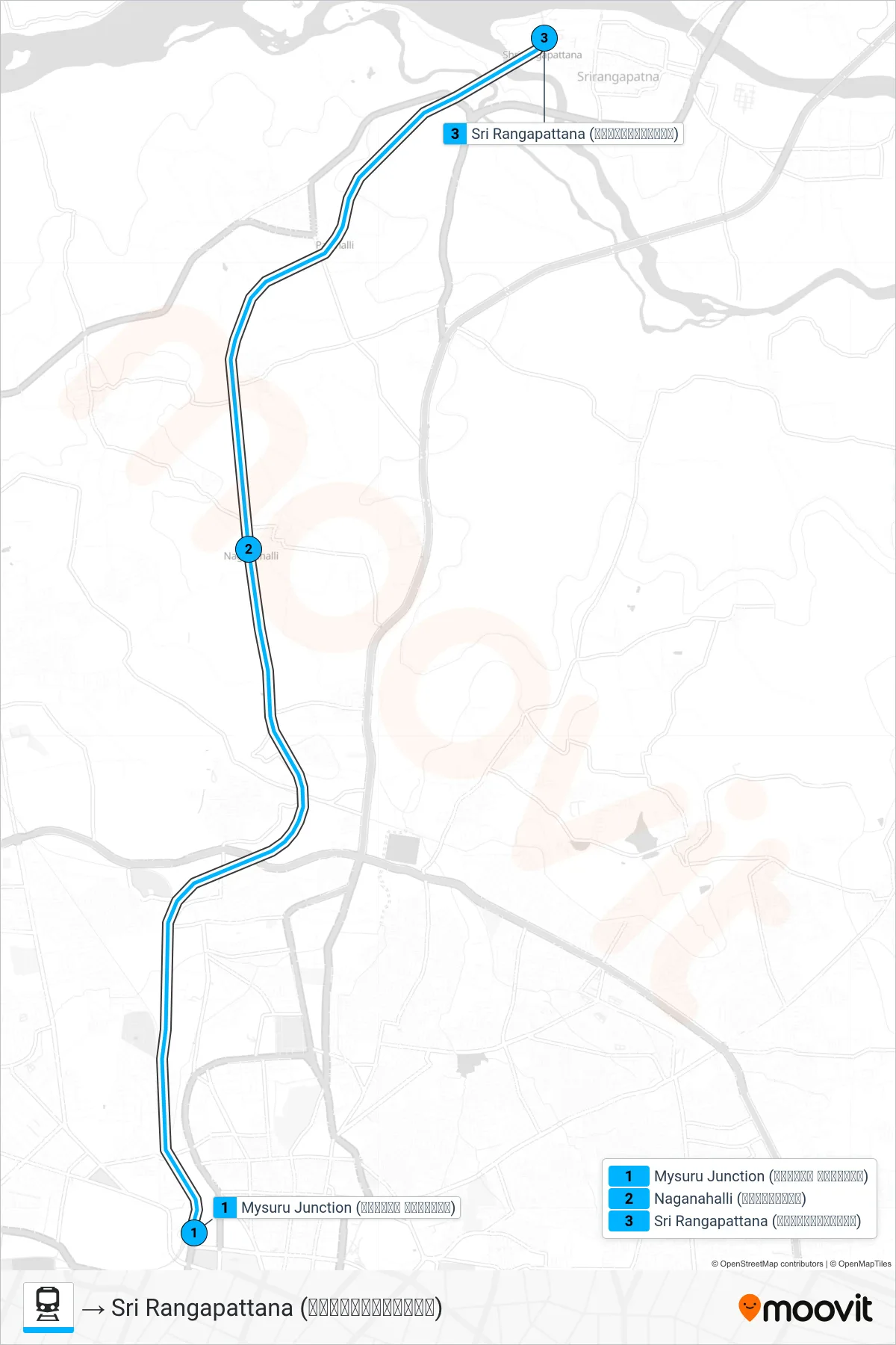 MYS - S rail Line (→ Sri Rangapattana (ಶ್ರೀರಂಗಪಟ್ಟಣ)) route and stops on a map