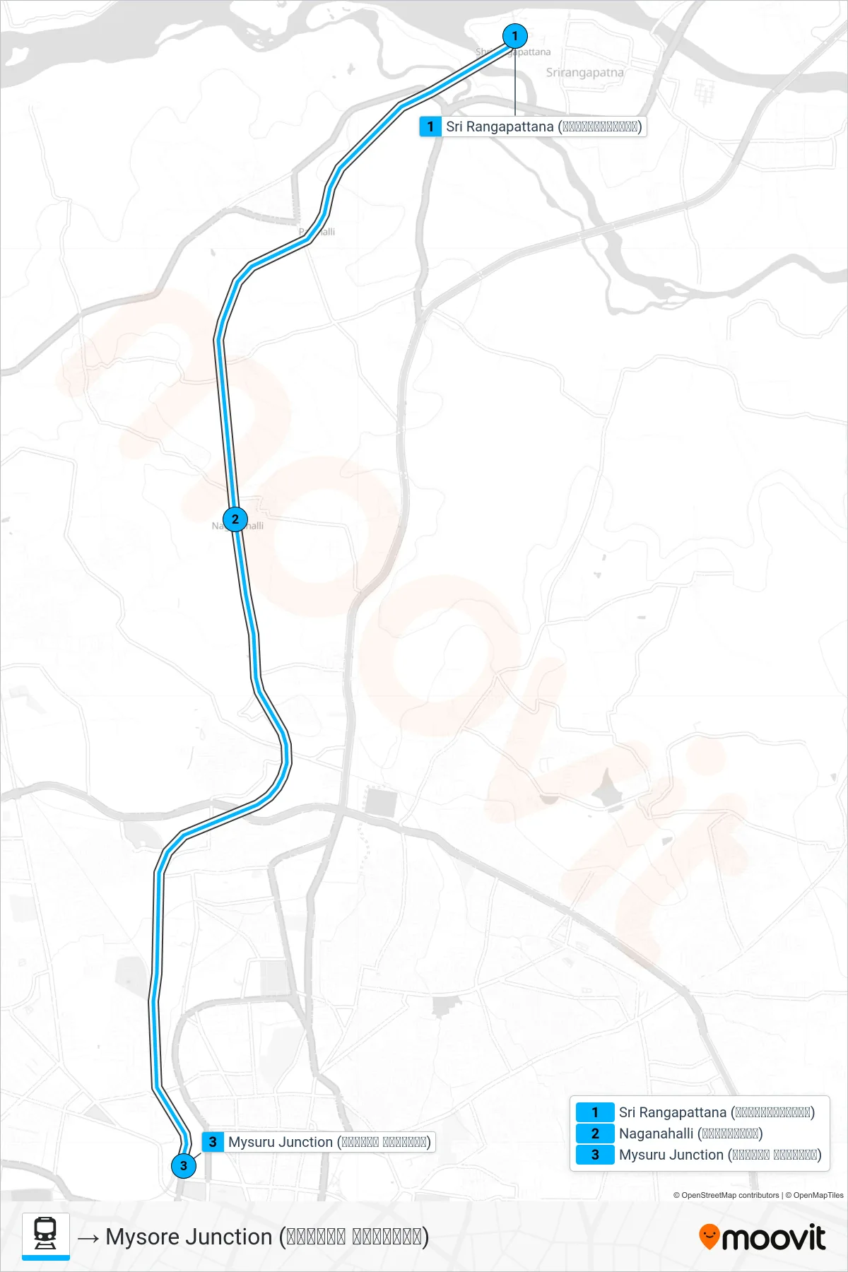 MYS - S train Line (→ Mysore Junction (ಮೈಸೂರು ಜಂಕ್ಷನ್)) route and stops on a map