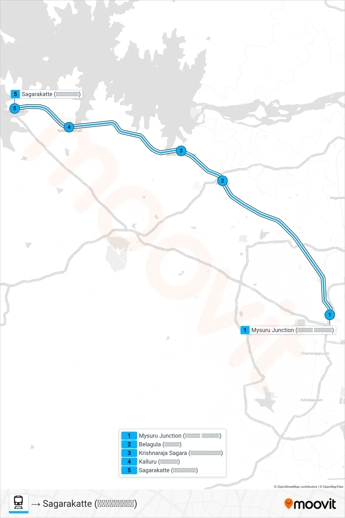 MYS - STE train Line (→ Sagarakatte (ಸಾಗರಕಟ್ಟೆ)) route and stops on a map