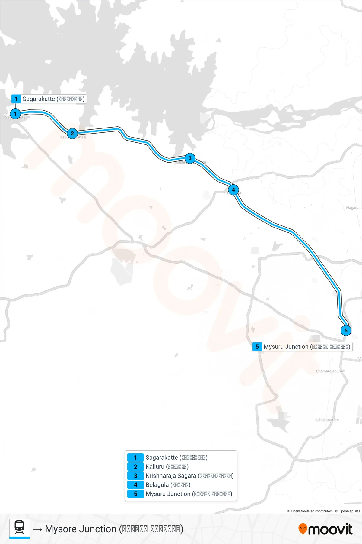 MYS - STE rail Line (→ Mysore Junction (ಮೈಸೂರು ಜಂಕ್ಷನ್)) route and stops on a map
