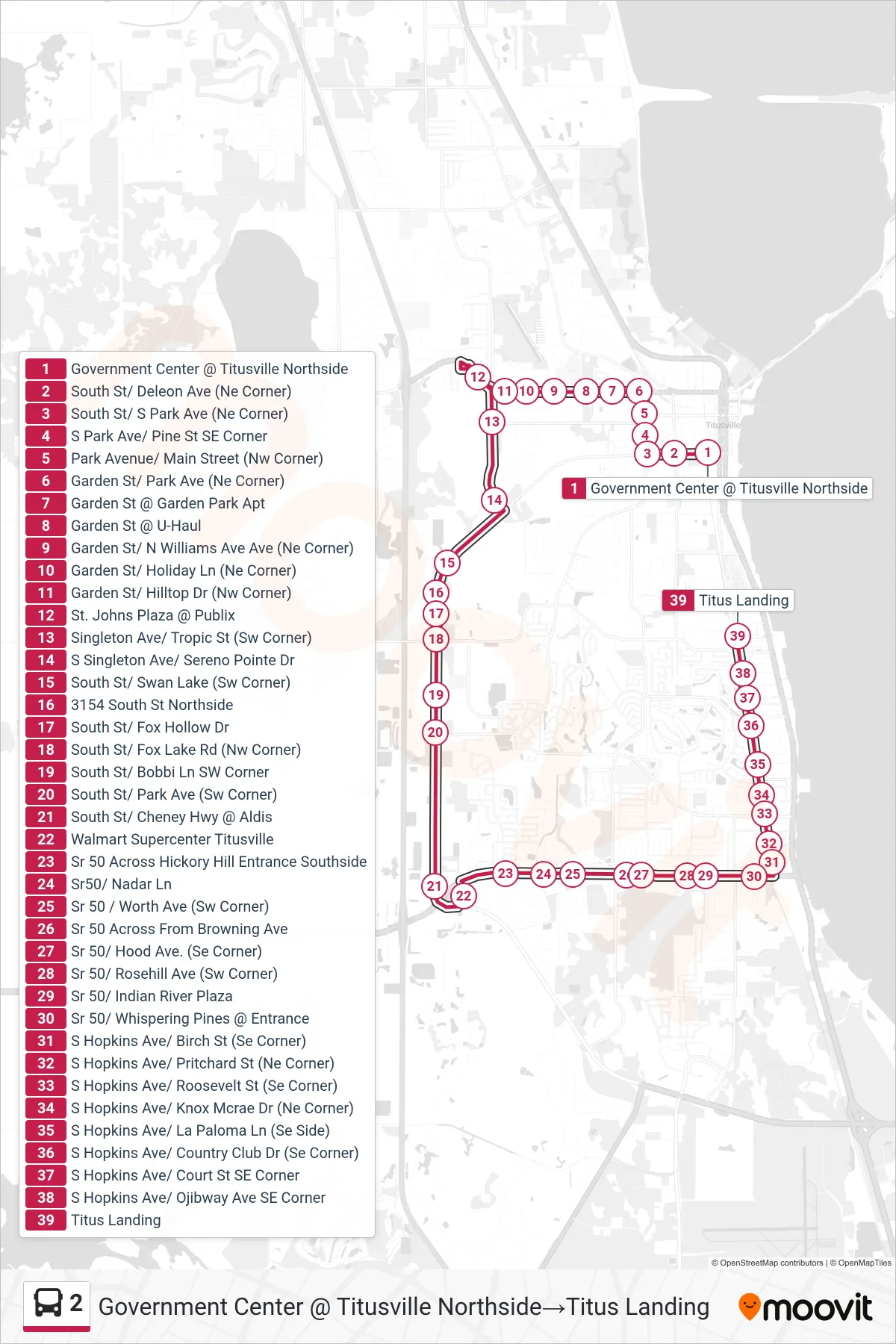 2 bus Line (Government Center @ Titusville Northside→Titus Landing) route and stops on a map