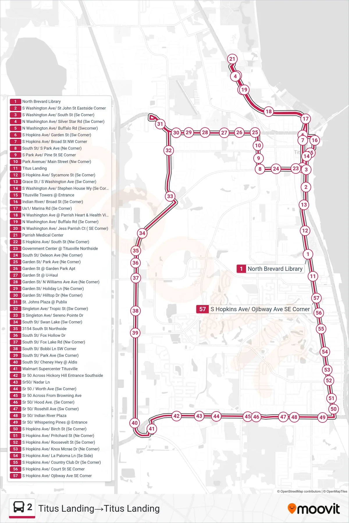 2 bus Line (Titus Landing‎→Titus Landing) route and stops on a map