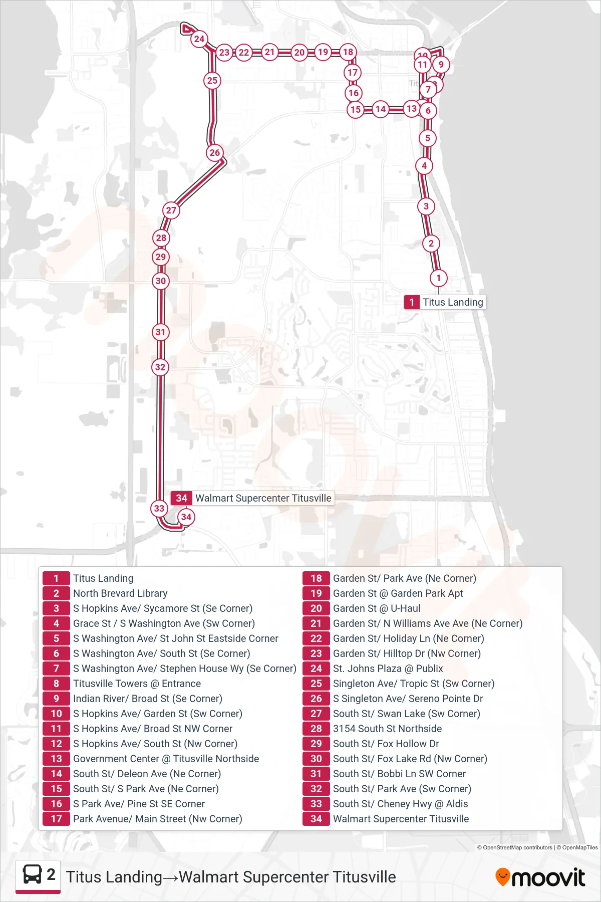 2 bus Line (Titus Landing‎→Walmart Supercenter Titusville) route and stops on a map
